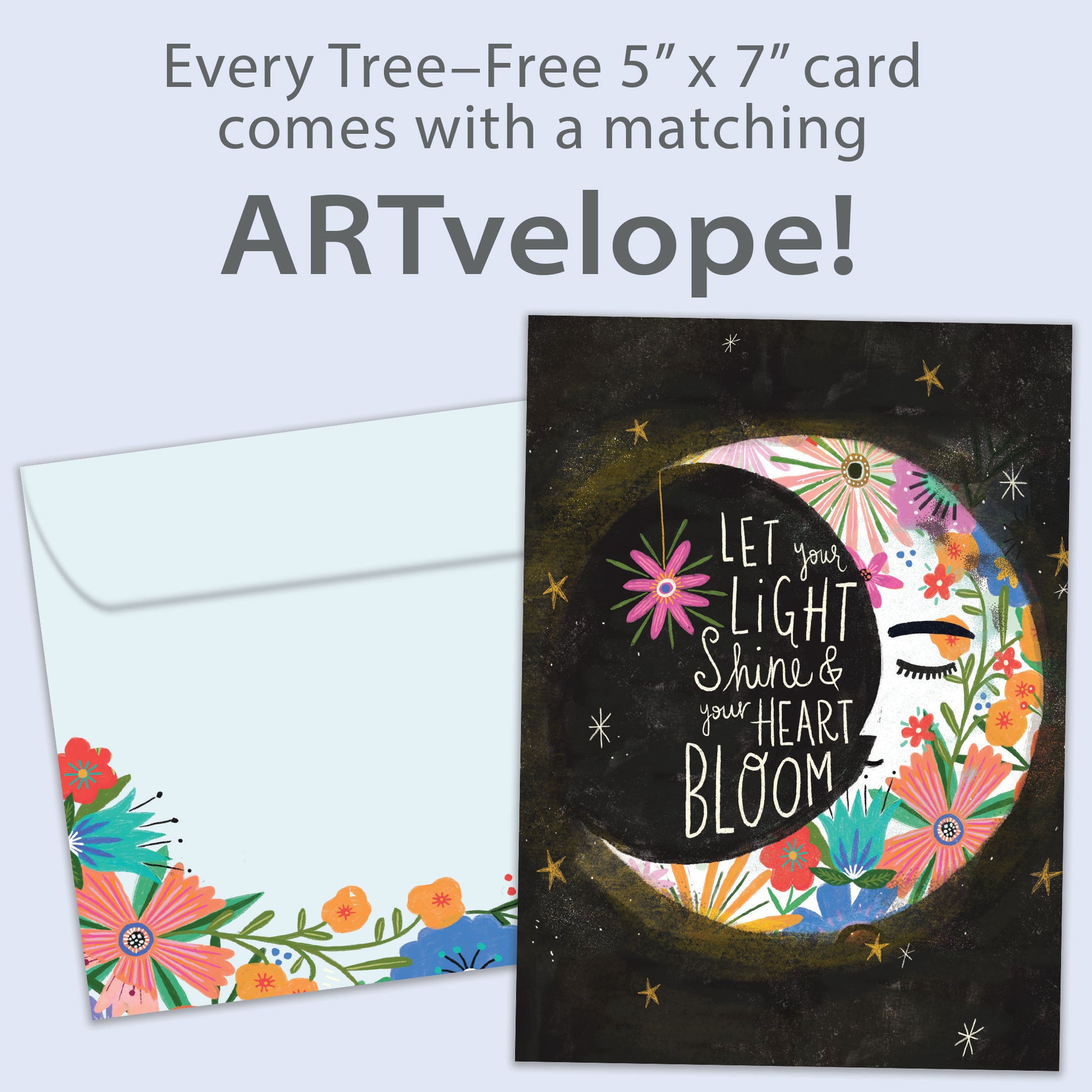 Front view of a birthday greeting card featuring an illustration of a floral crescent moon with a message about letting your light shine, with matching envelope artwork.