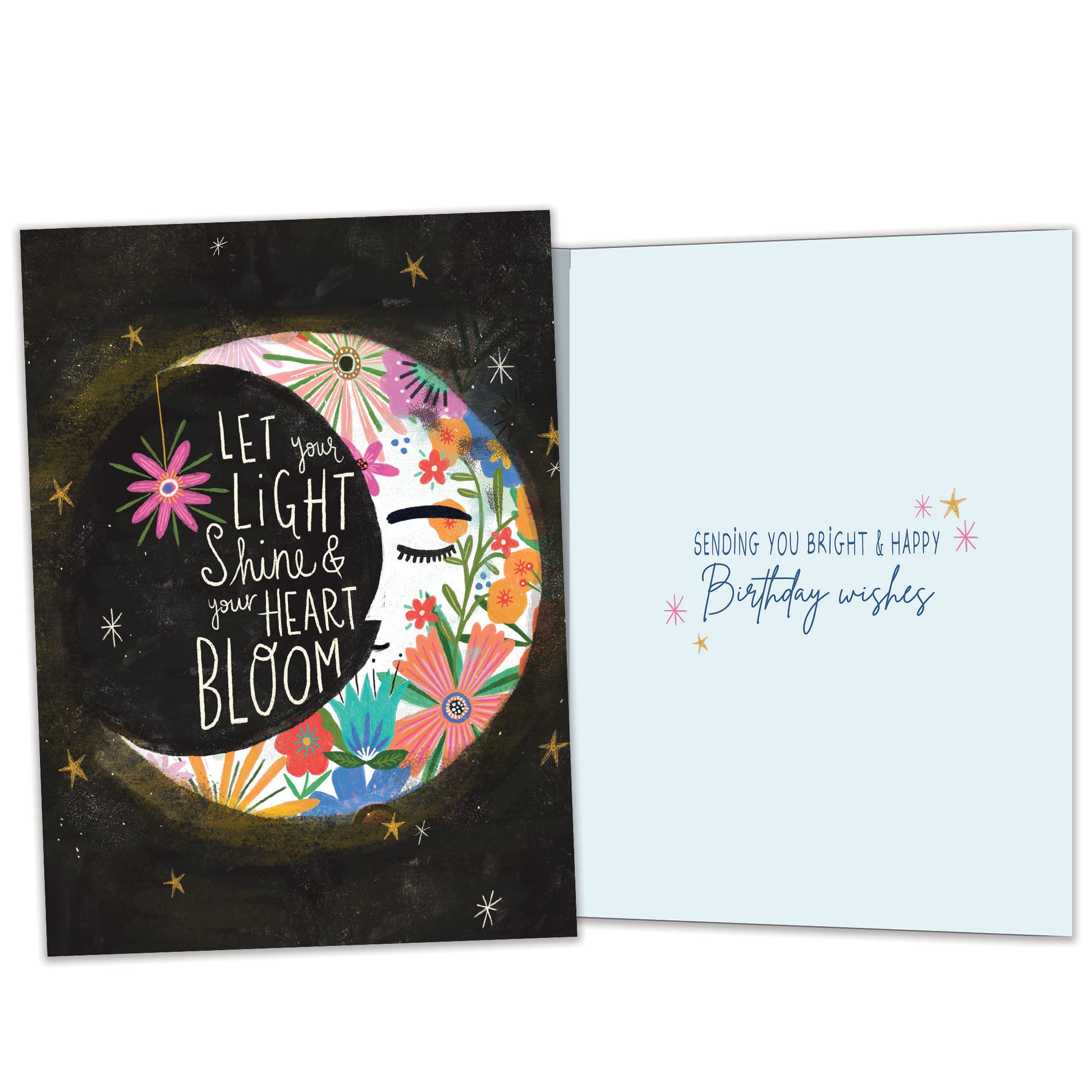 Front and inside view of a birthday greeting card featuring an illustration of a floral crescent moon with a message about letting your light shine, with matching design details inside.