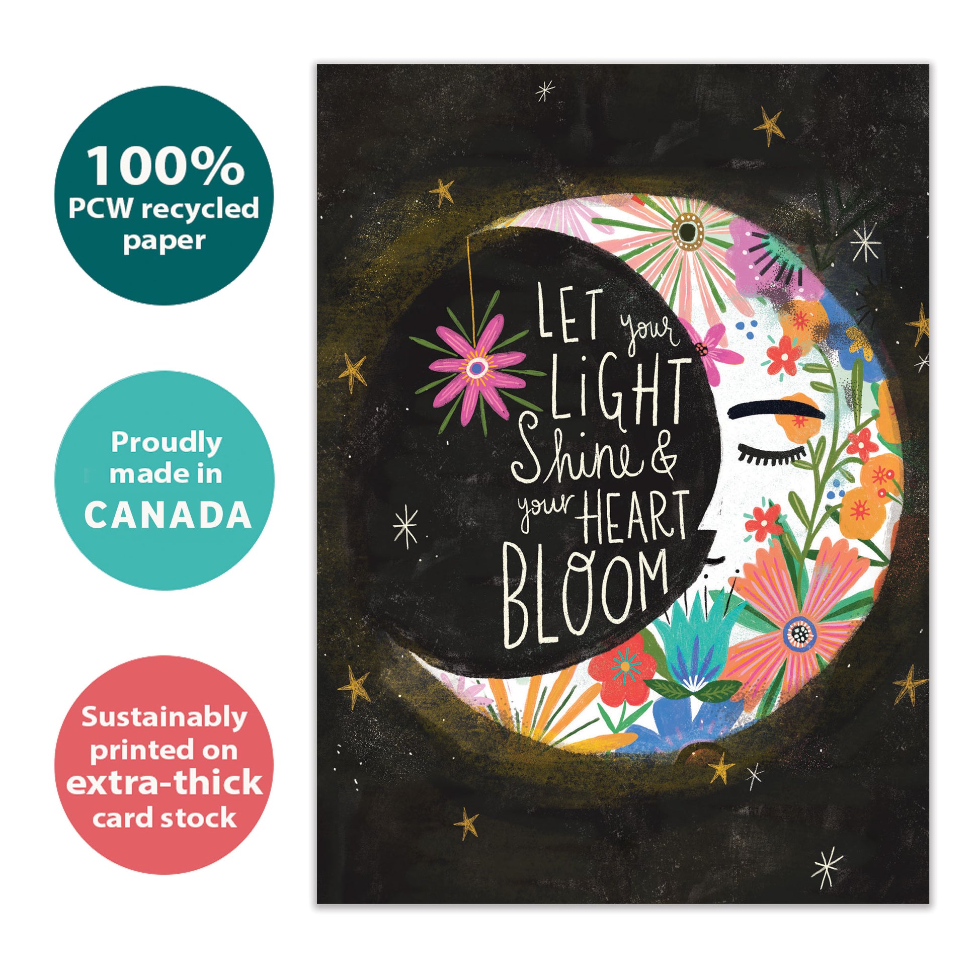 Front view of a birthday greeting card with an illustration of a floral crescent moon and a message about letting your light shine, highlighting its eco-friendly materials and made in Canada.