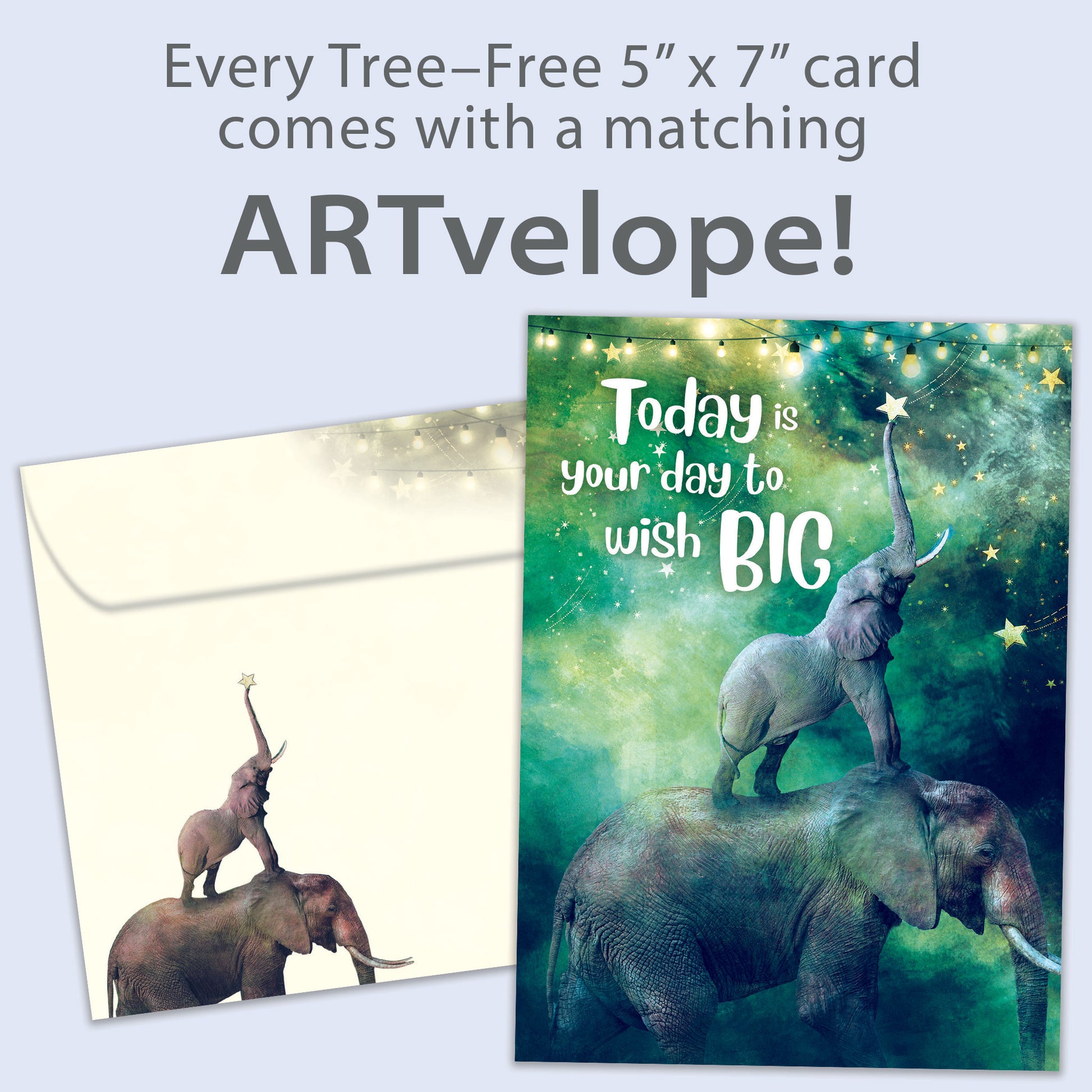 Front view of a birthday greeting card featuring an illustration of a baby and mother elephants with the message "Today is your day to wish big", with matching envelope artwork.
