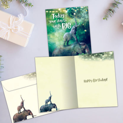 Front and inside view of a birthday greeting card showcasing an illustration of a baby and mother elephants with the message "Today is your day to wish big", with a matching envelope.