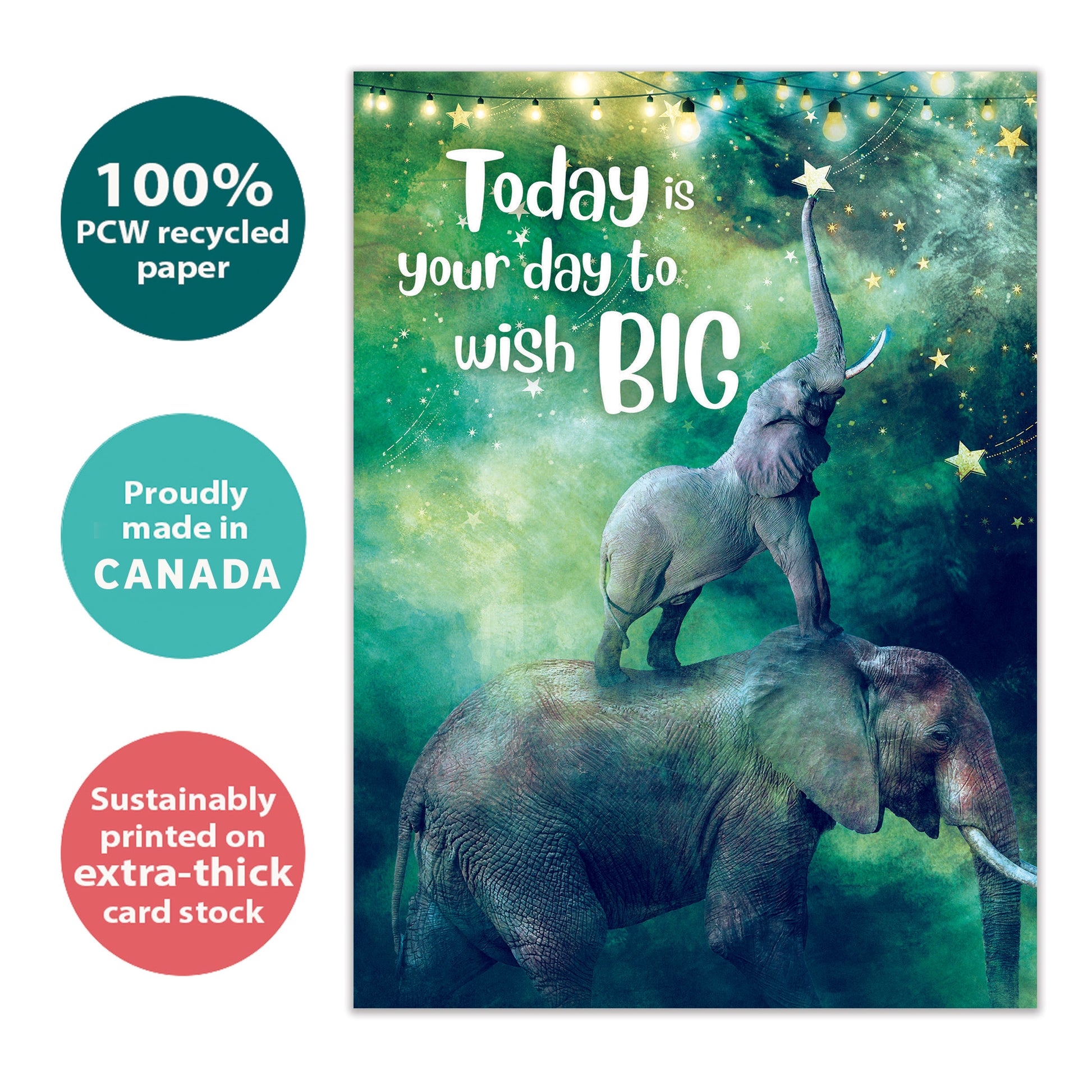 Front view of a birthday greeting card with an illustration of a baby and mother elephants and the message "Today is your day to wish big", highlighting its eco-friendly materials and made in Canada.