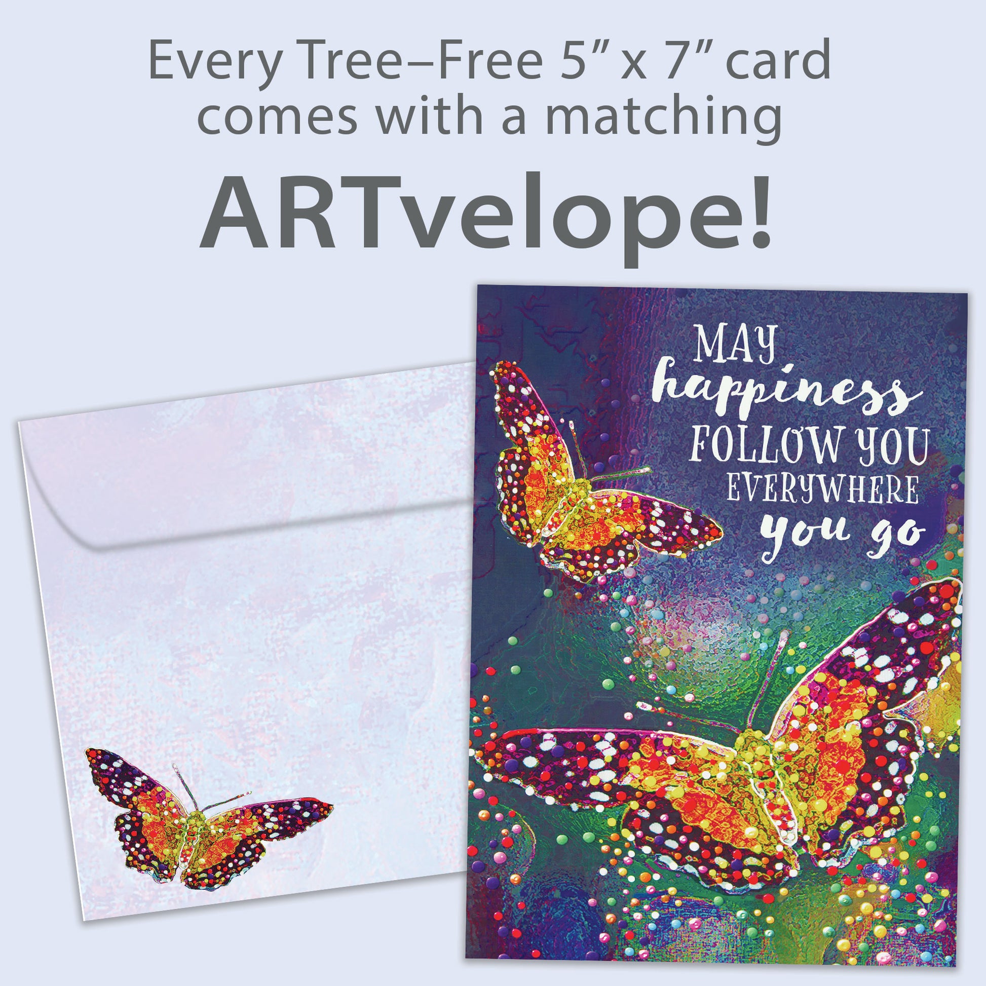 Front view of a birthday greeting card featuring an illustration of two colourful butterflies with a message about happiness, with matching envelope artwork.