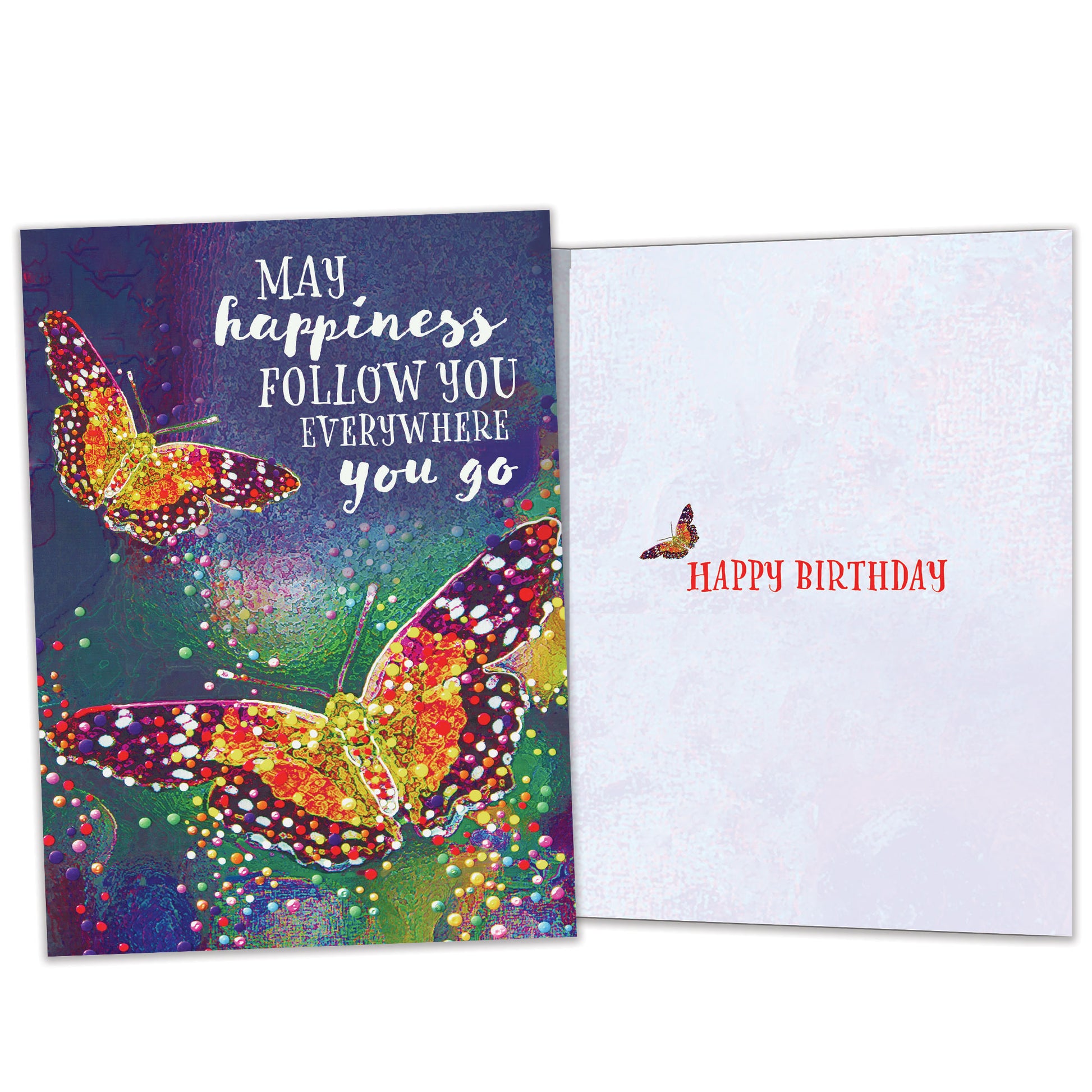 Front and inside view of a birthday greeting card featuring an illustration of two colourful butterflies with a message about happiness, with matching design details inside.