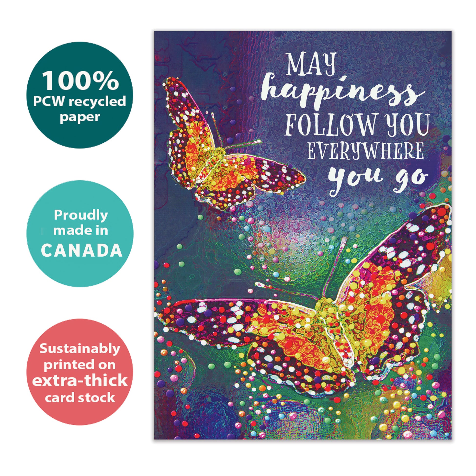 Front view of a birthday greeting card with an illustration of two colourful butterflies and a message about happiness, highlighting its eco-friendly materials and made in Canada.