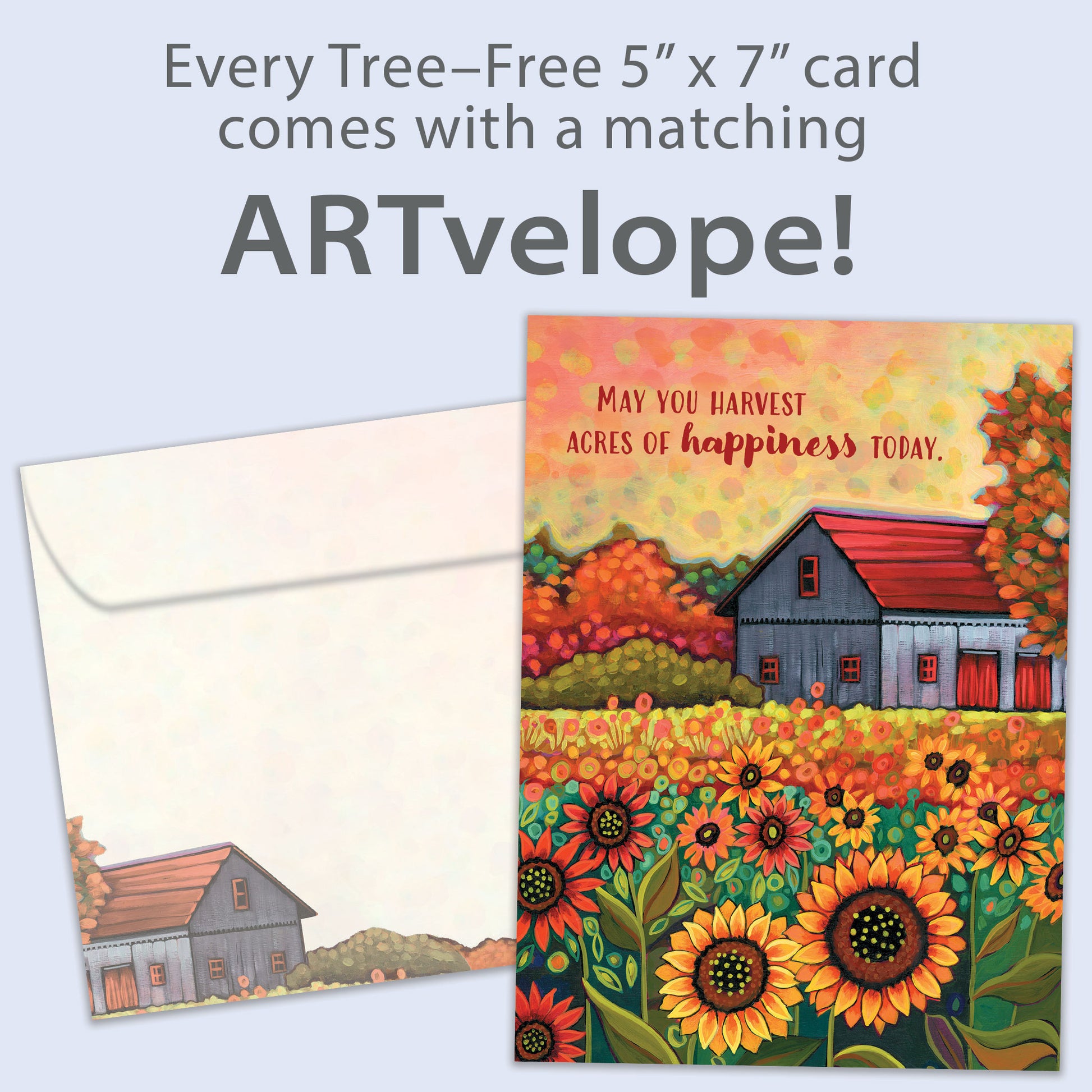 Front view of a birthday greeting card featuring an illustration of a barn and sunflowers in brilliant autumn colours with a heartfelt message, with matching envelope artwork.