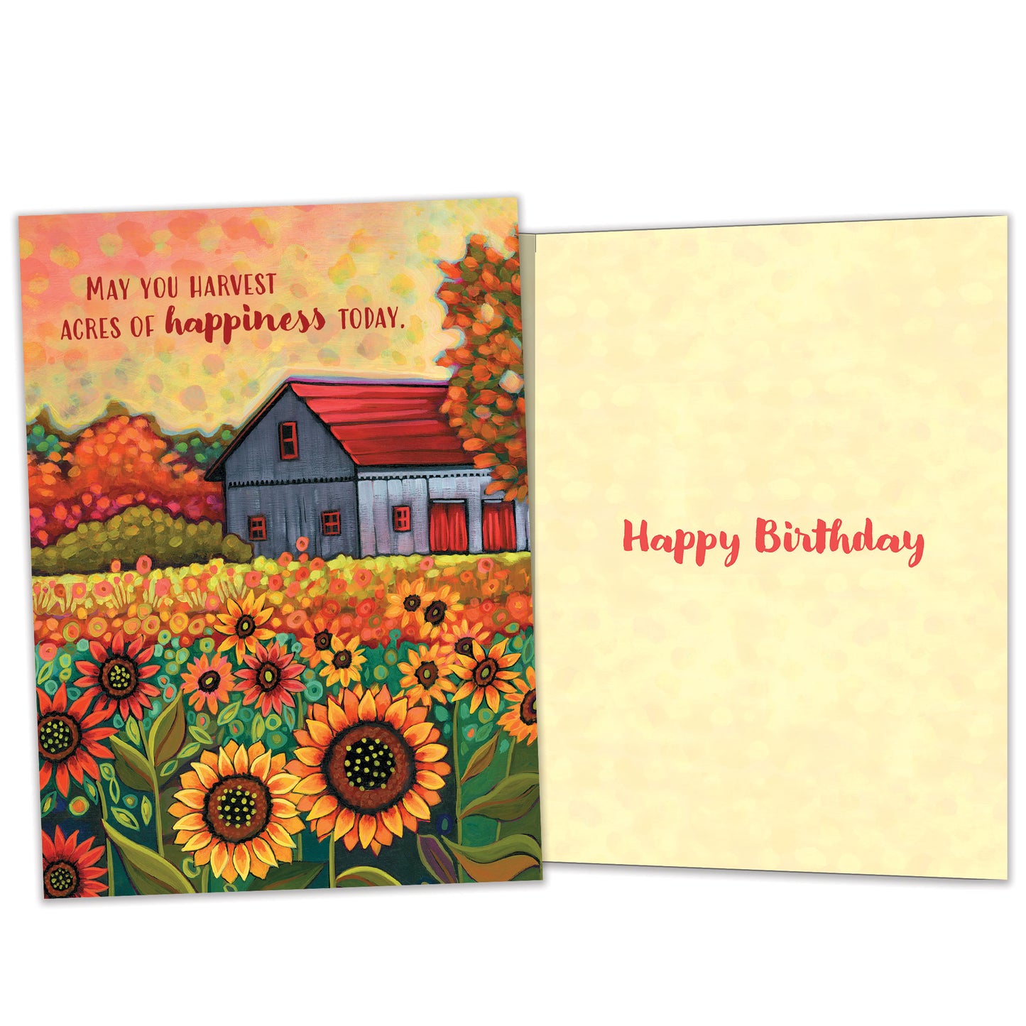 Front and inside view of a birthday greeting card featuring an illustration of a barn and sunflowers in brilliant autumn colours with a heartfelt message, with matching design details inside.