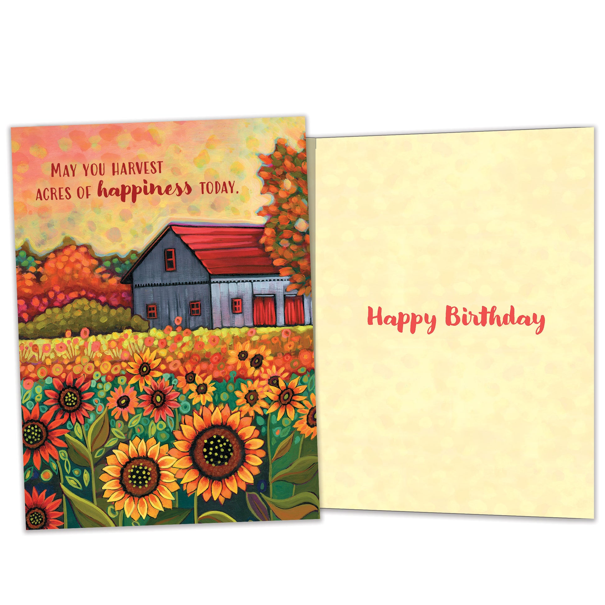 Front and inside view of a birthday greeting card featuring an illustration of a barn and sunflowers in brilliant autumn colours with a heartfelt message, with matching design details inside.
