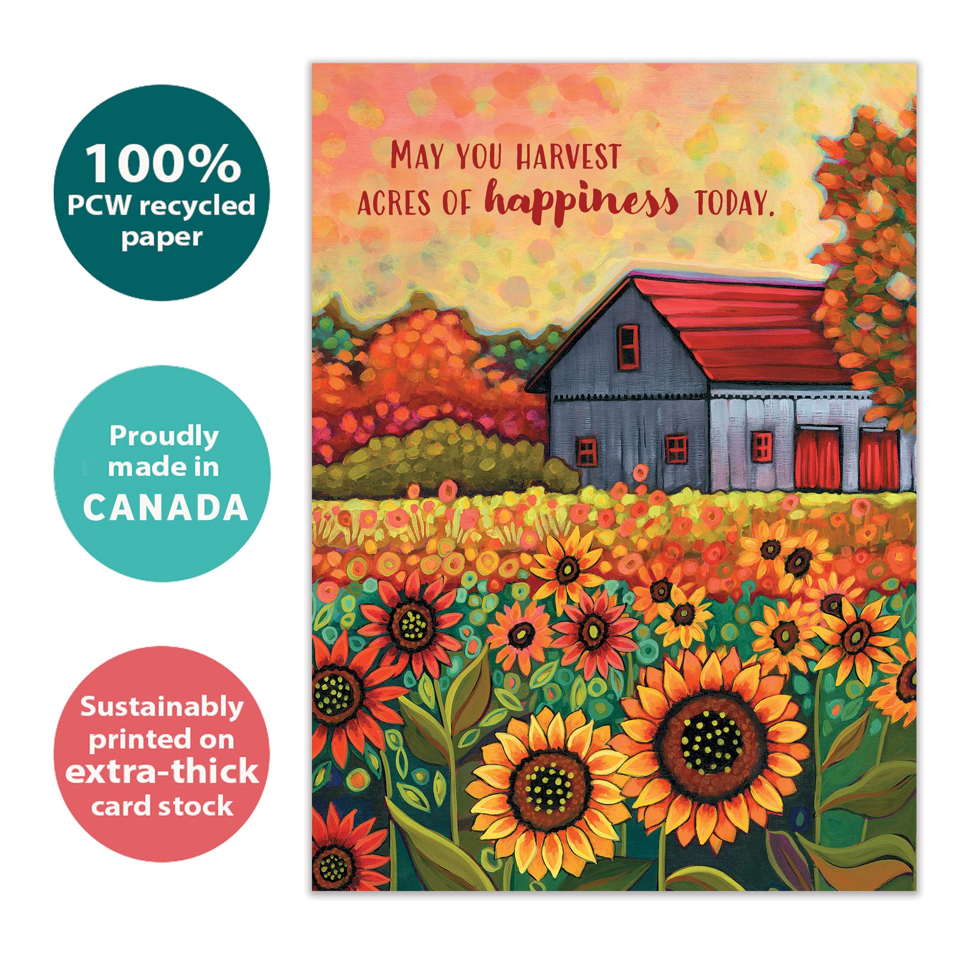 Front view of a birthday greeting card with an illustration of a barn and sunflowers in brilliant autumn colours and a heartfelt message, highlighting its eco-friendly materials and made in Canada.
