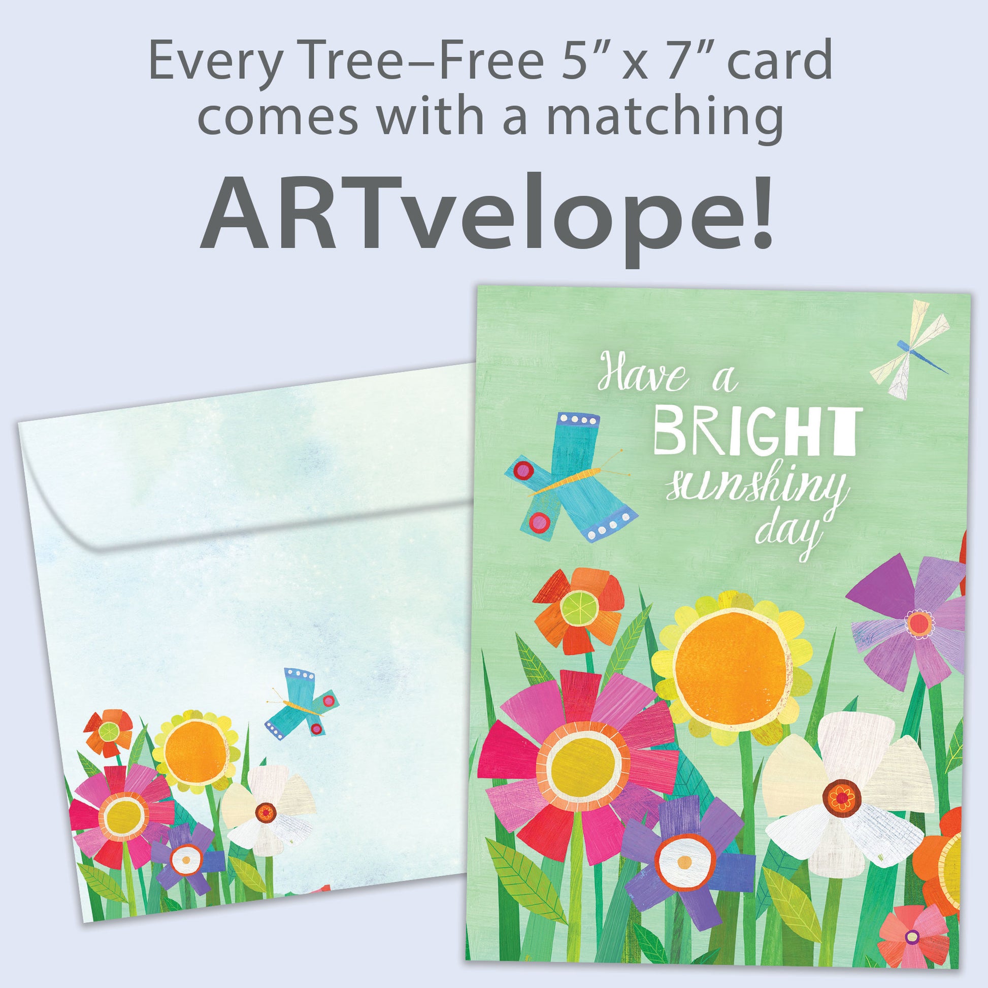 Front view of a birthday greeting card featuring the message "have a bright sunshiny day" surrounded by flowers, with matching envelope artwork.
