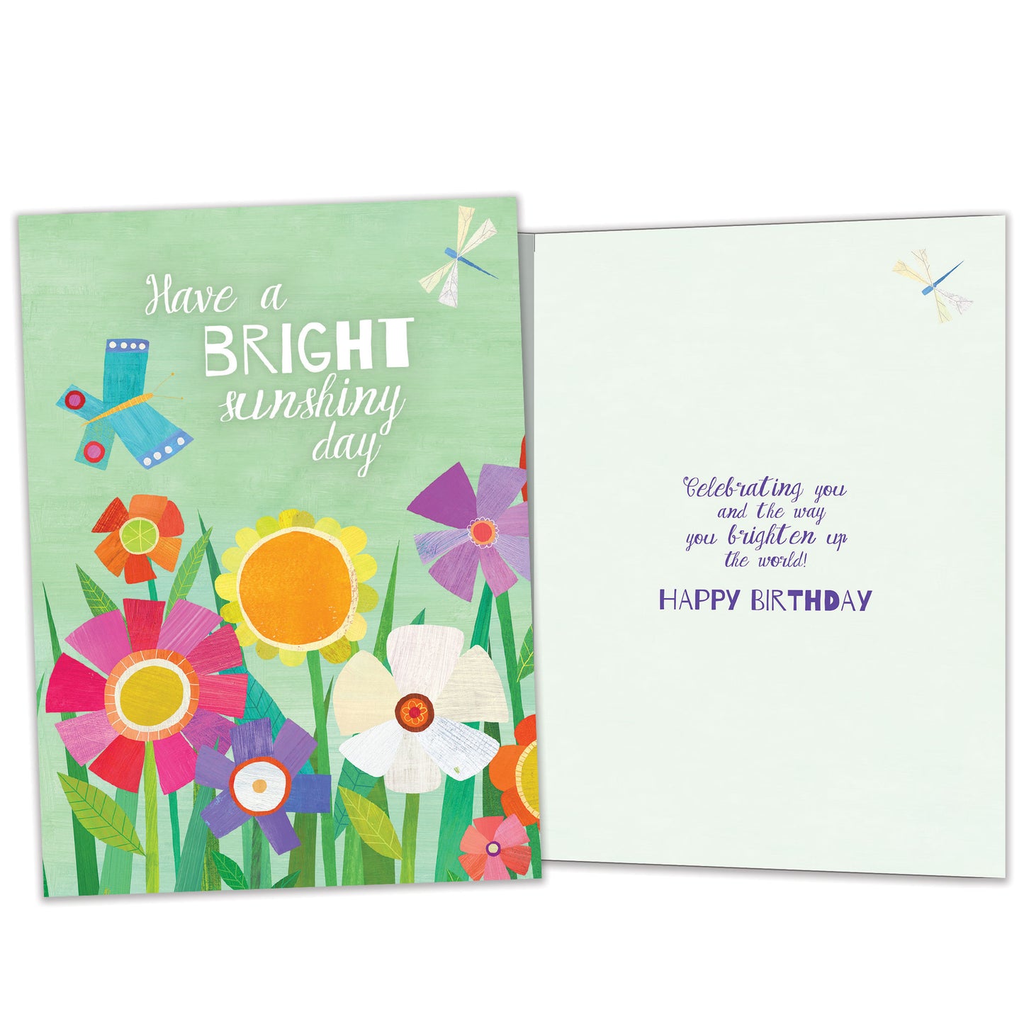 Front and inside view of a birthday greeting card featuring the message "have a bright sunshiny day" surrounded by flowers, with matching design details inside.