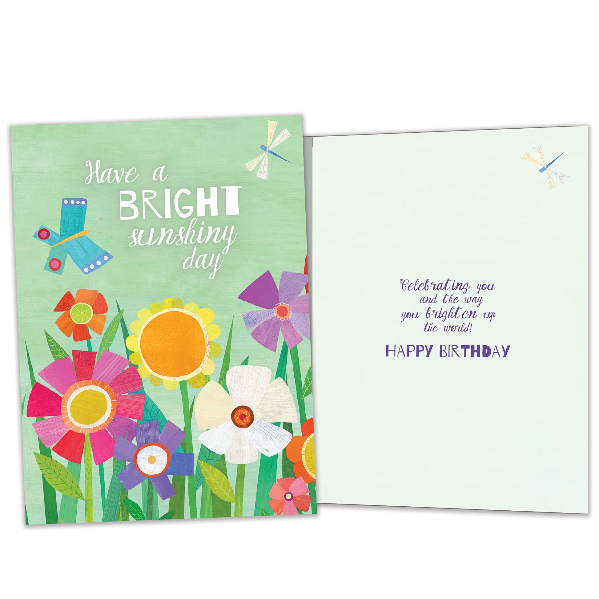 Front and inside view of a birthday greeting card featuring the message "have a bright sunshiny day" surrounded by flowers, with matching design details inside.