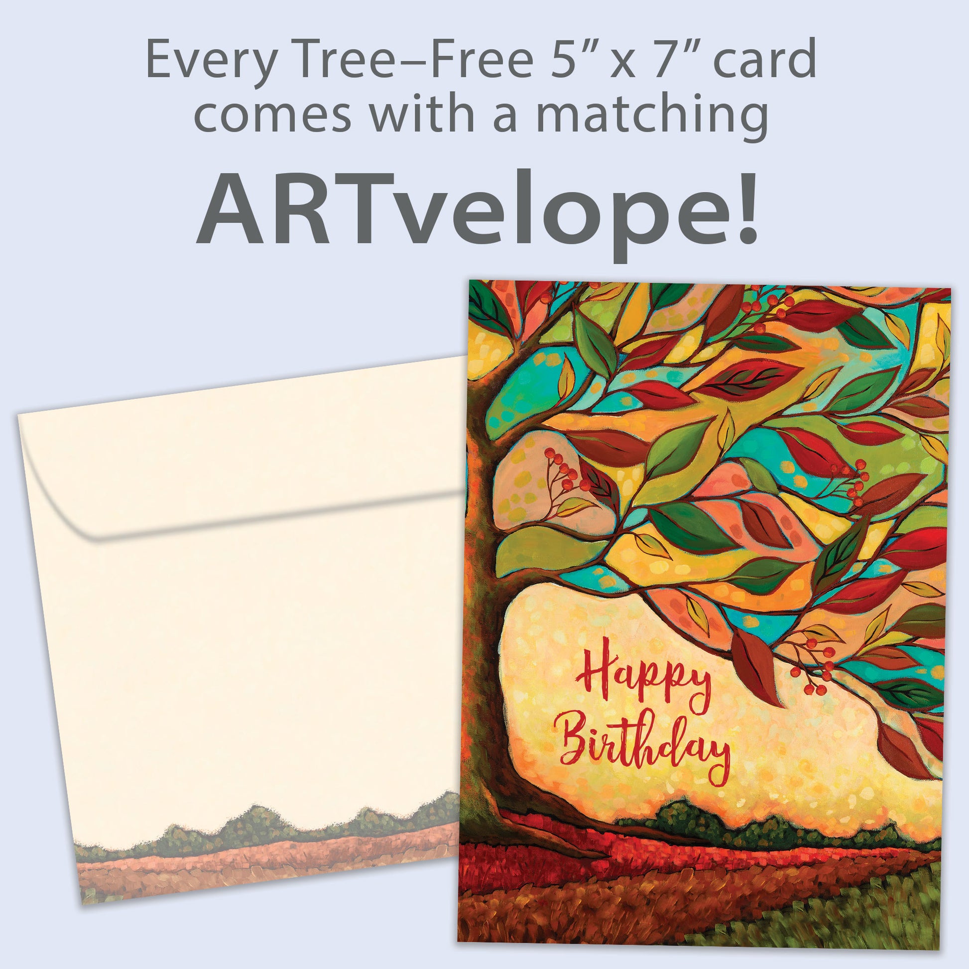 Front view of a birthday greeting card featuring the message "happy birthday" surrounded by a tree and vibrant fall colours, with matching envelope artwork.
