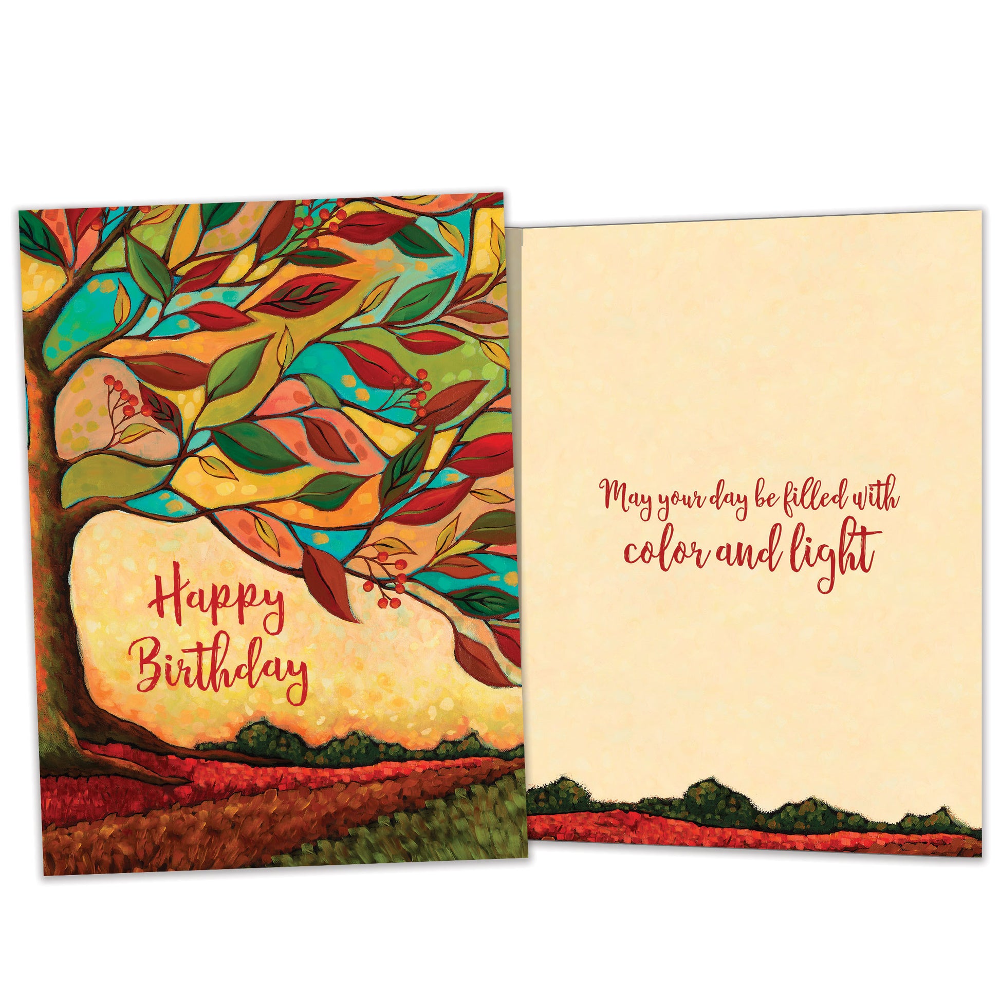 Front and inside view of a birthday greeting card featuring the message "happy birthday" surrounded by a tree and vibrant fall colours, with matching design details inside.