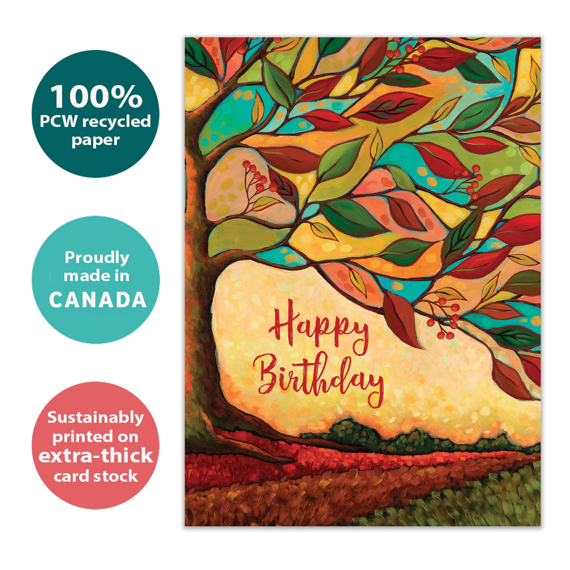 Front view of a birthday greeting card with the message "happy birthday" surrounded by a tree and vibrant fall colours, highlighting its eco-friendly materials and made in Canada.