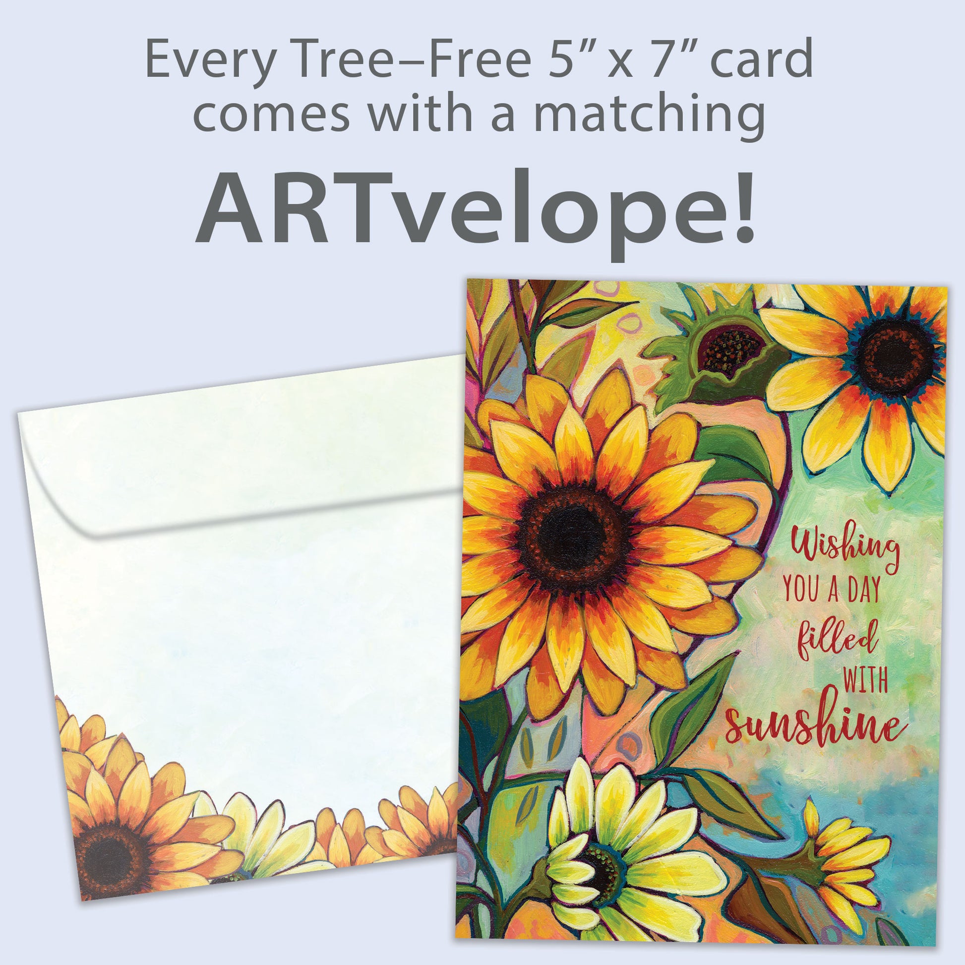 Front view of a birthday greeting card featuring the message "wishing you a day filled with sunshine" and flowers in vibrant fall colours, with matching envelope artwork.