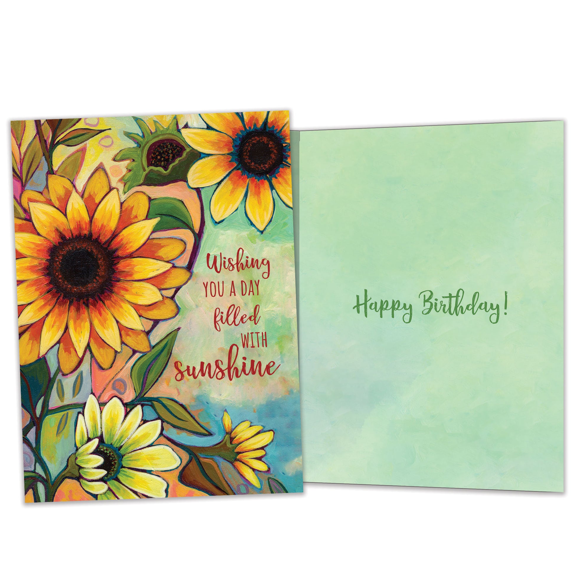 Front and inside view of a birthday greeting card featuring the message "wishing you a day filled with sunshine" and flowers in vibrant fall colours, with matching design details inside.