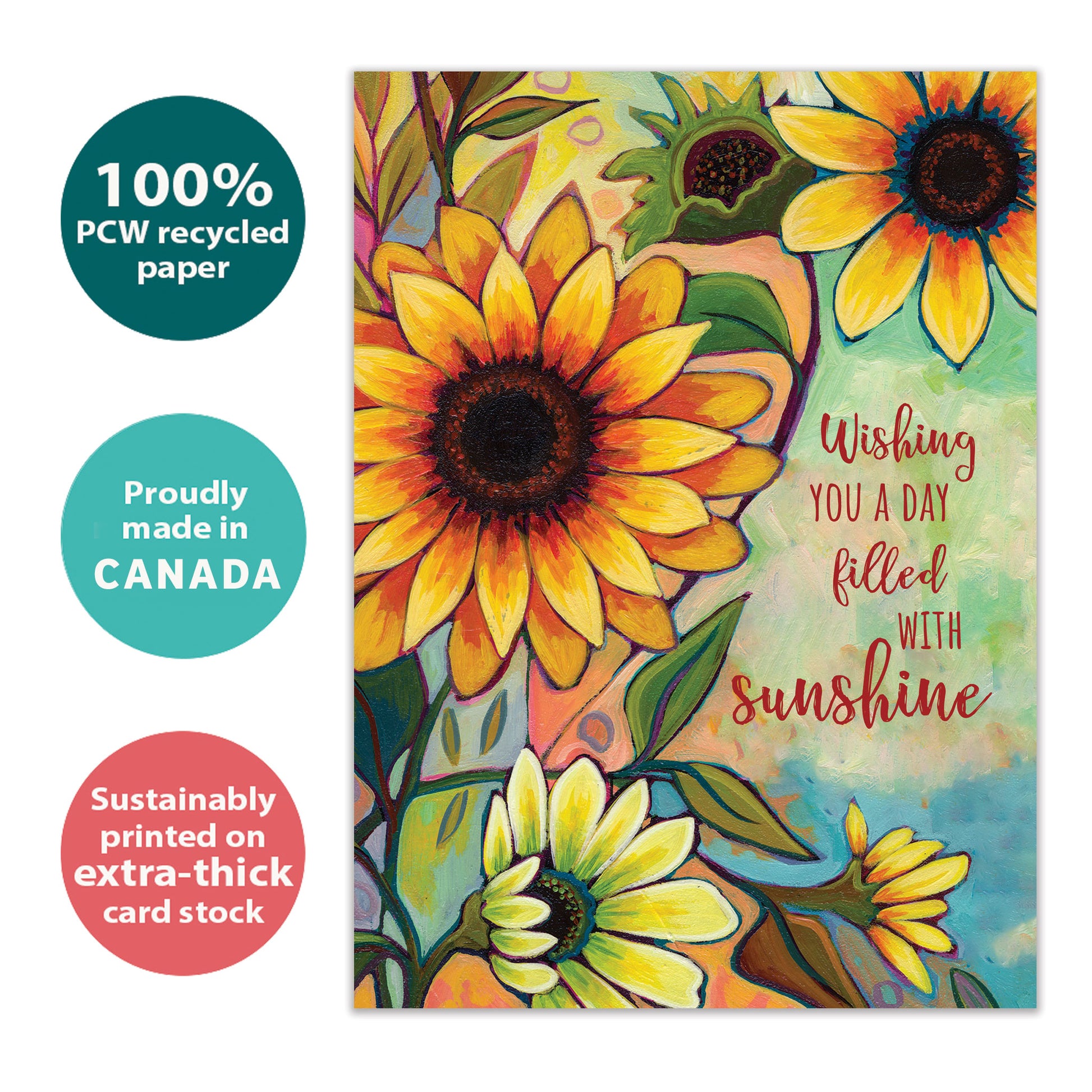 Front view of a birthday greeting card with the message "wishing you a day filled with sunshine" and flowers in vibrant fall colours, highlighting its eco-friendly materials and made in Canada.