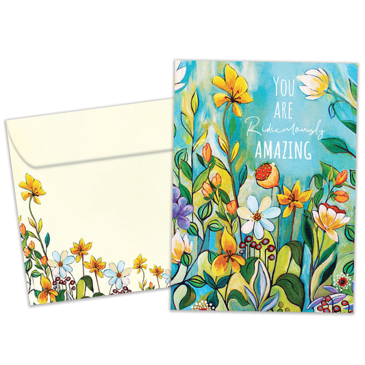 Front view of a birthday greeting card featuring the message "you are ridiculously amazing" surrounded by vibrant flowers, with a matching envelope.