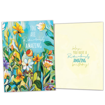 Front and inside view of a birthday greeting card featuring the message "you are ridiculously amazing" surrounded by vibrant flowers, with matching design details inside.