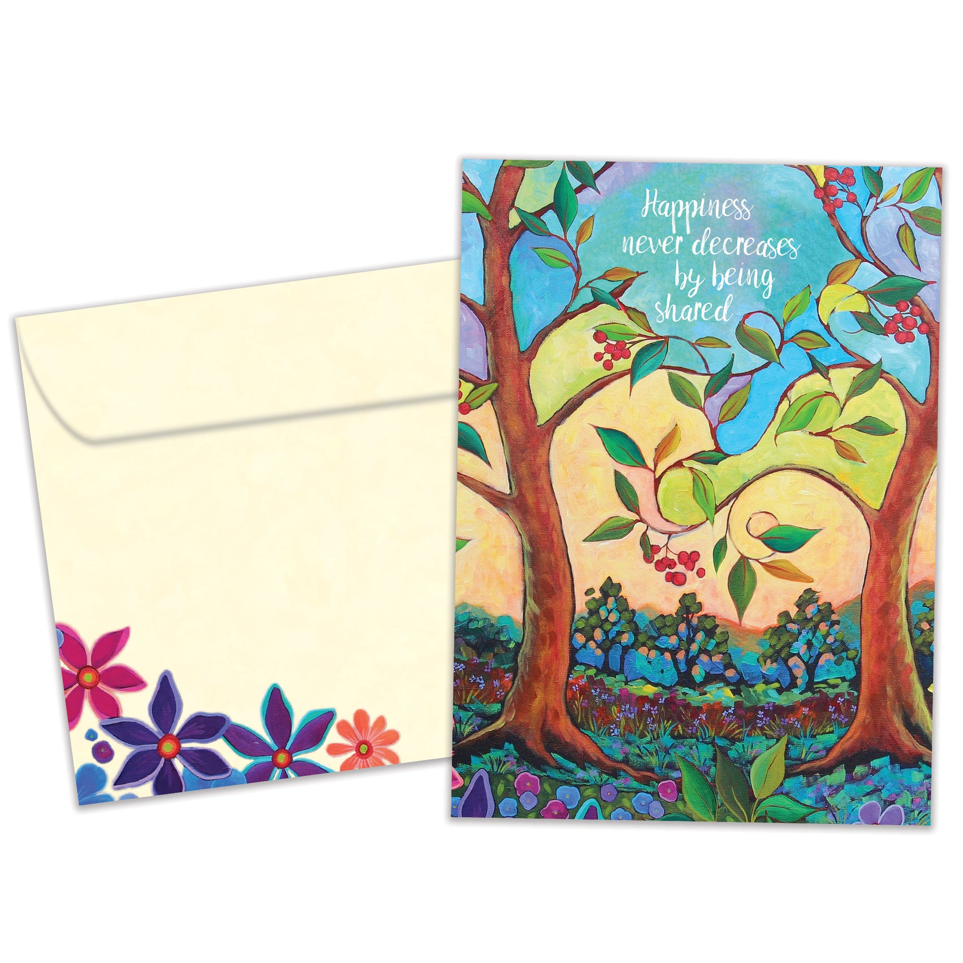 Front view of a birthday greeting card featuring an illustration of colourful flowers and trees with a message about sharing happiness, with a matching envelope.