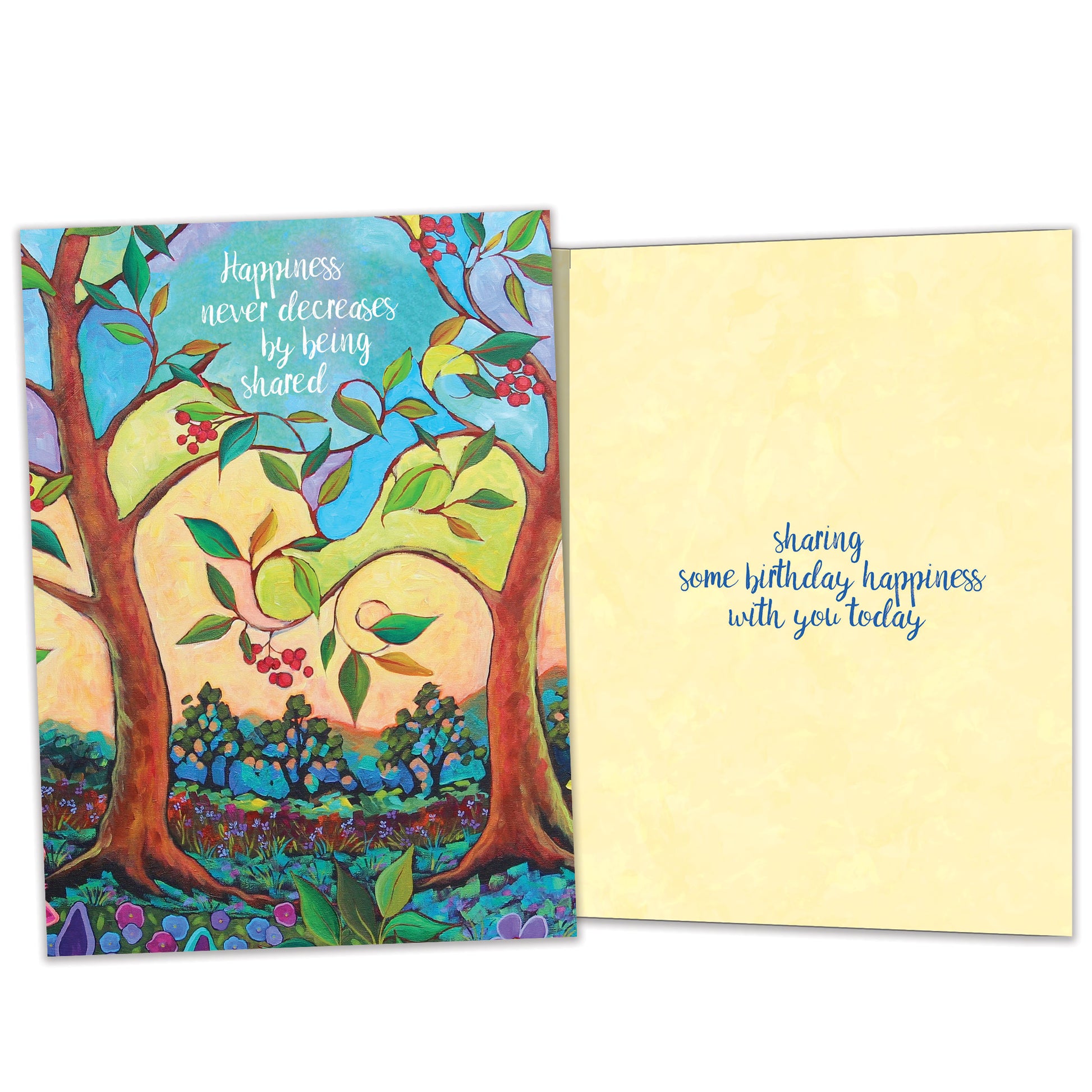 Front and inside view of a birthday greeting card featuring an illustration of colourful flowers and trees with a message about sharing happiness, with matching design details inside.