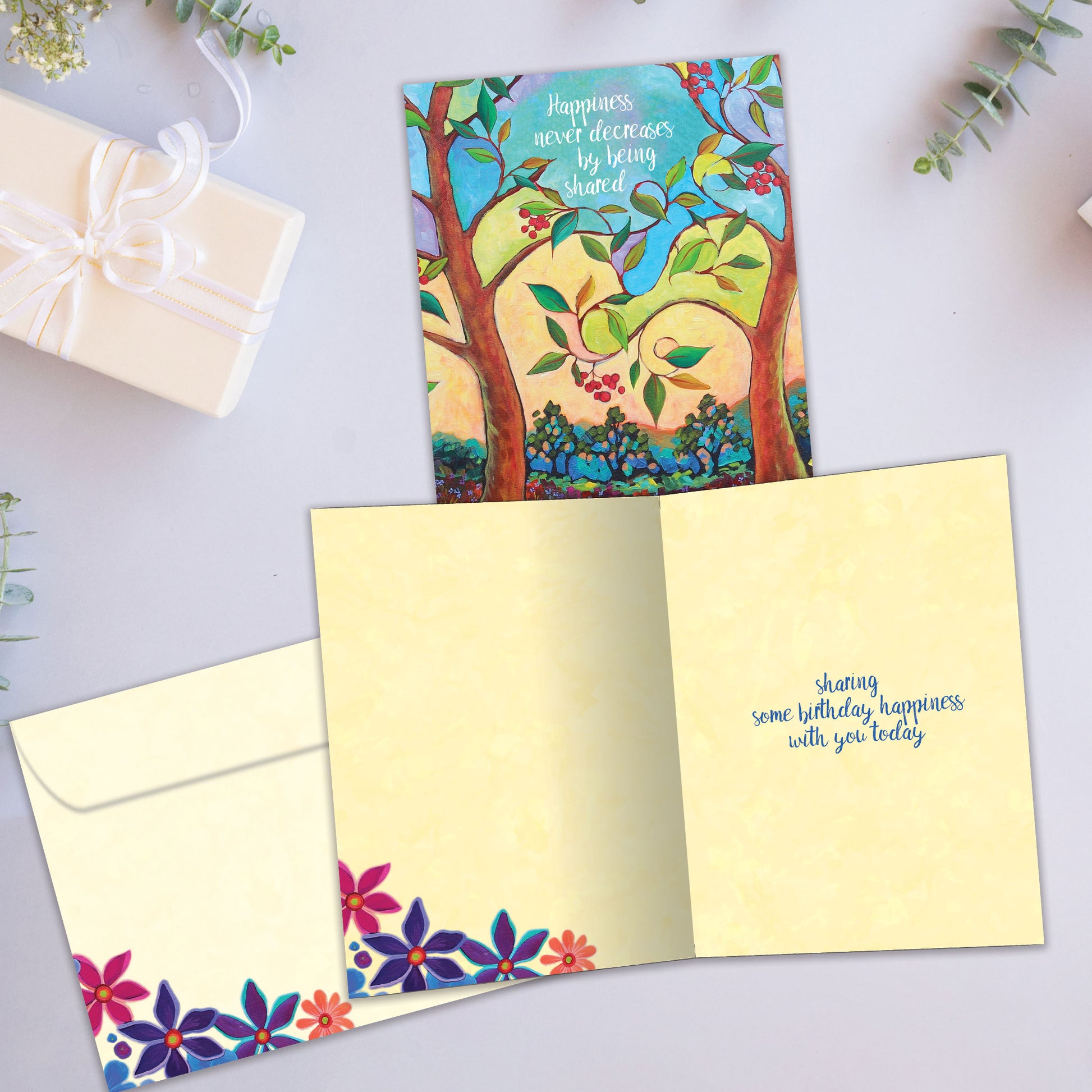 Front and inside view of a birthday greeting card showcasing an illustration of colourful flowers and trees with a message about sharing happiness, with a matching envelope.