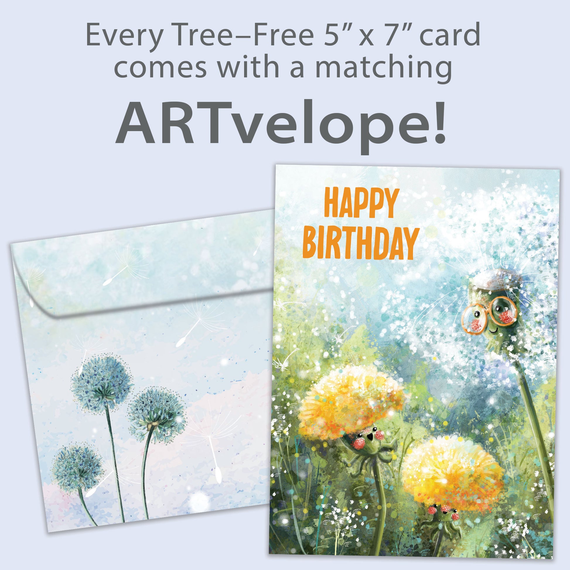 Front view of a birthday greeting card featuring an illustration of dandelions in soft colours with the message "happy birthday", with matching envelope artwork.