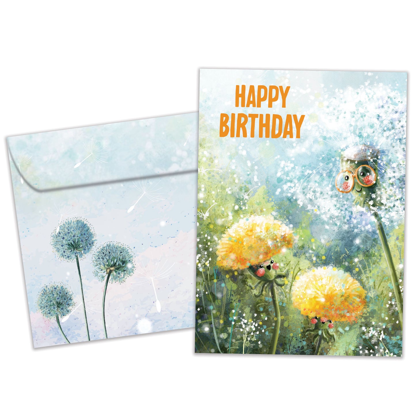 Front view of a birthday greeting card featuring an illustration of dandelions in soft colours with the message "happy birthday", with a matching envelope.