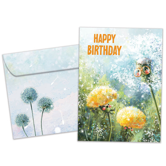 Front view of a birthday greeting card featuring an illustration of dandelions in soft colours with the message "happy birthday", with a matching envelope.