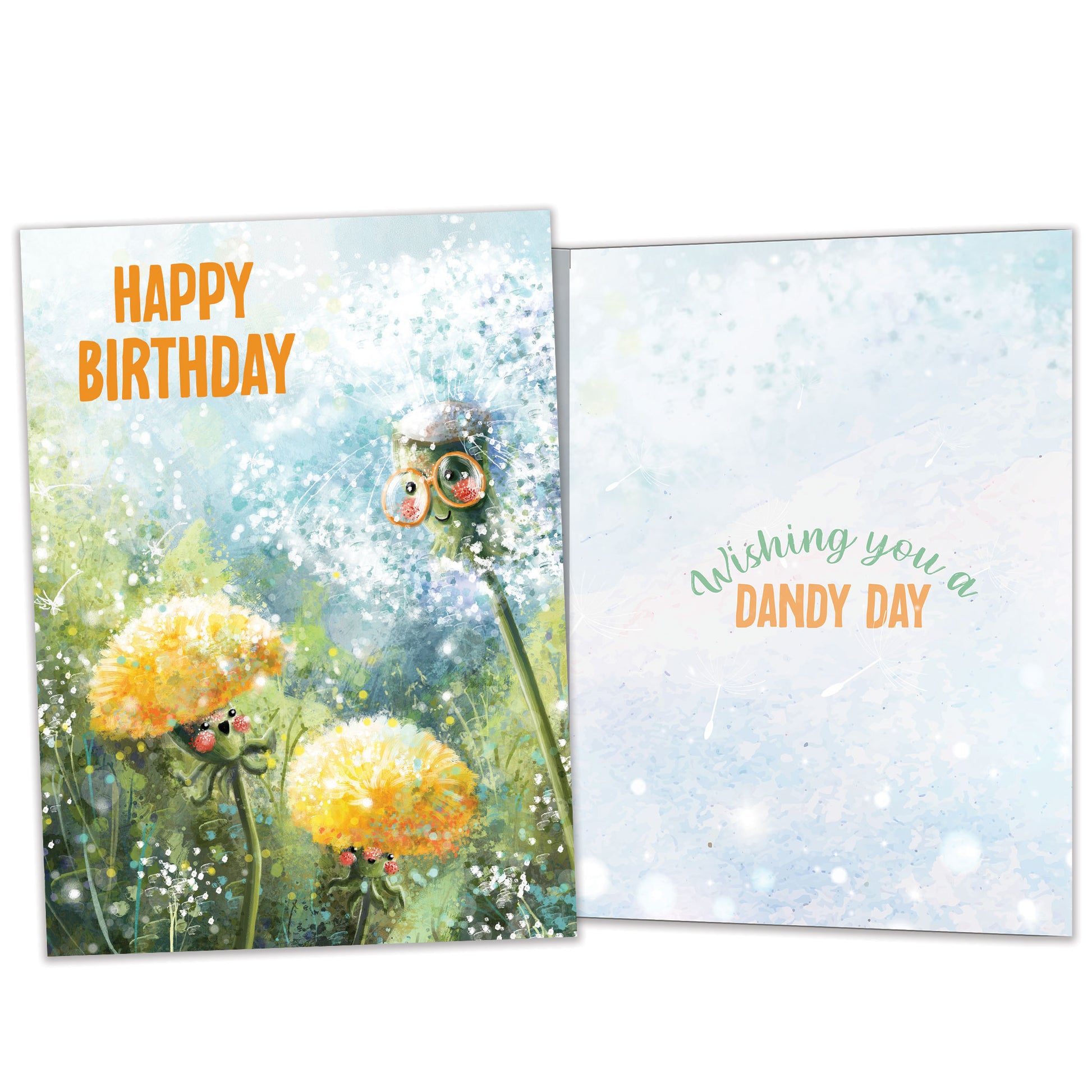 Front and inside view of a birthday greeting card featuring an illustration of dandelions in soft colours with the message "happy birthday", with matching design details inside.