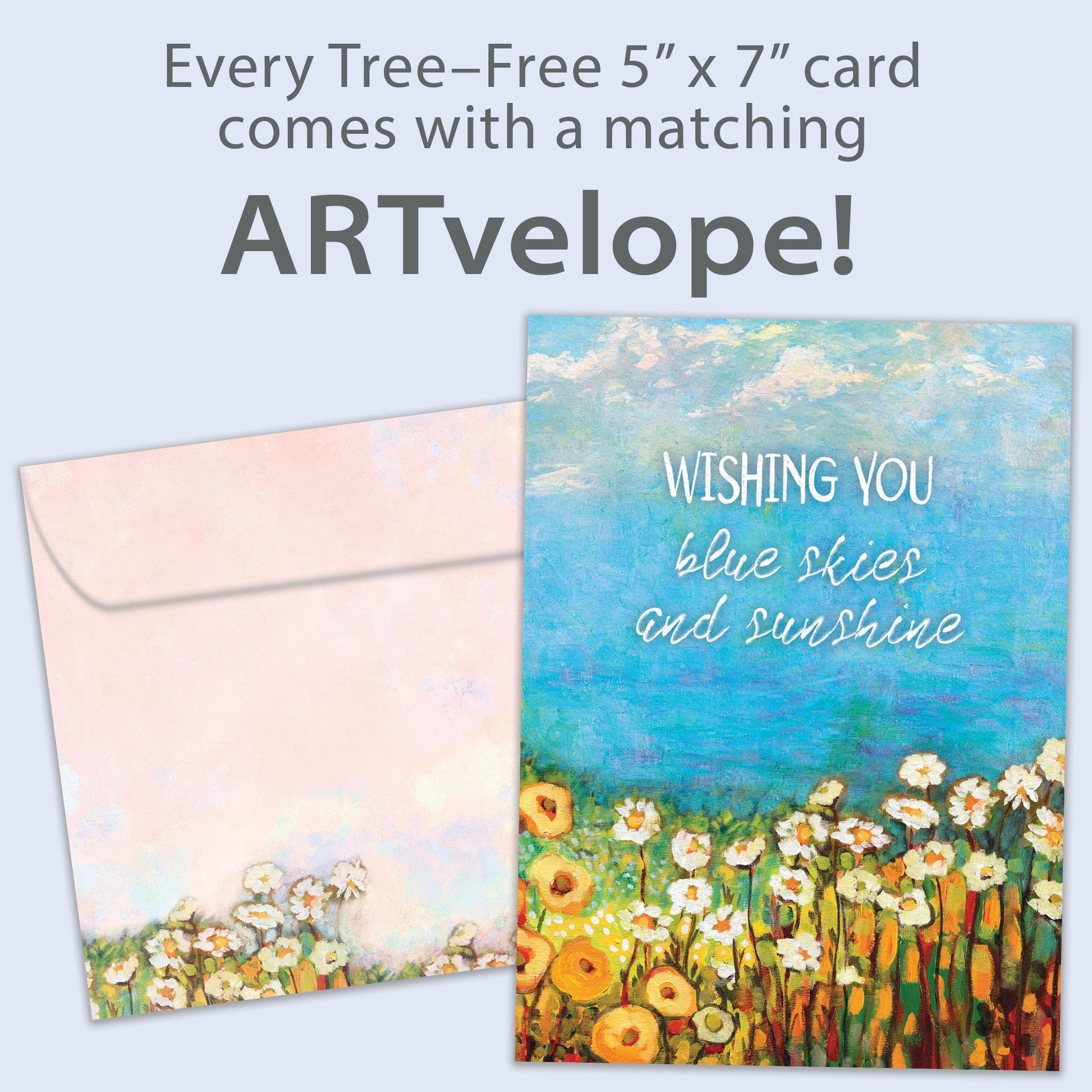 Front view of a birthday greeting card featuring the message "wishing you blue skies and sunshine" with an illustration of blue skies and flowers, with matching envelope artwork.