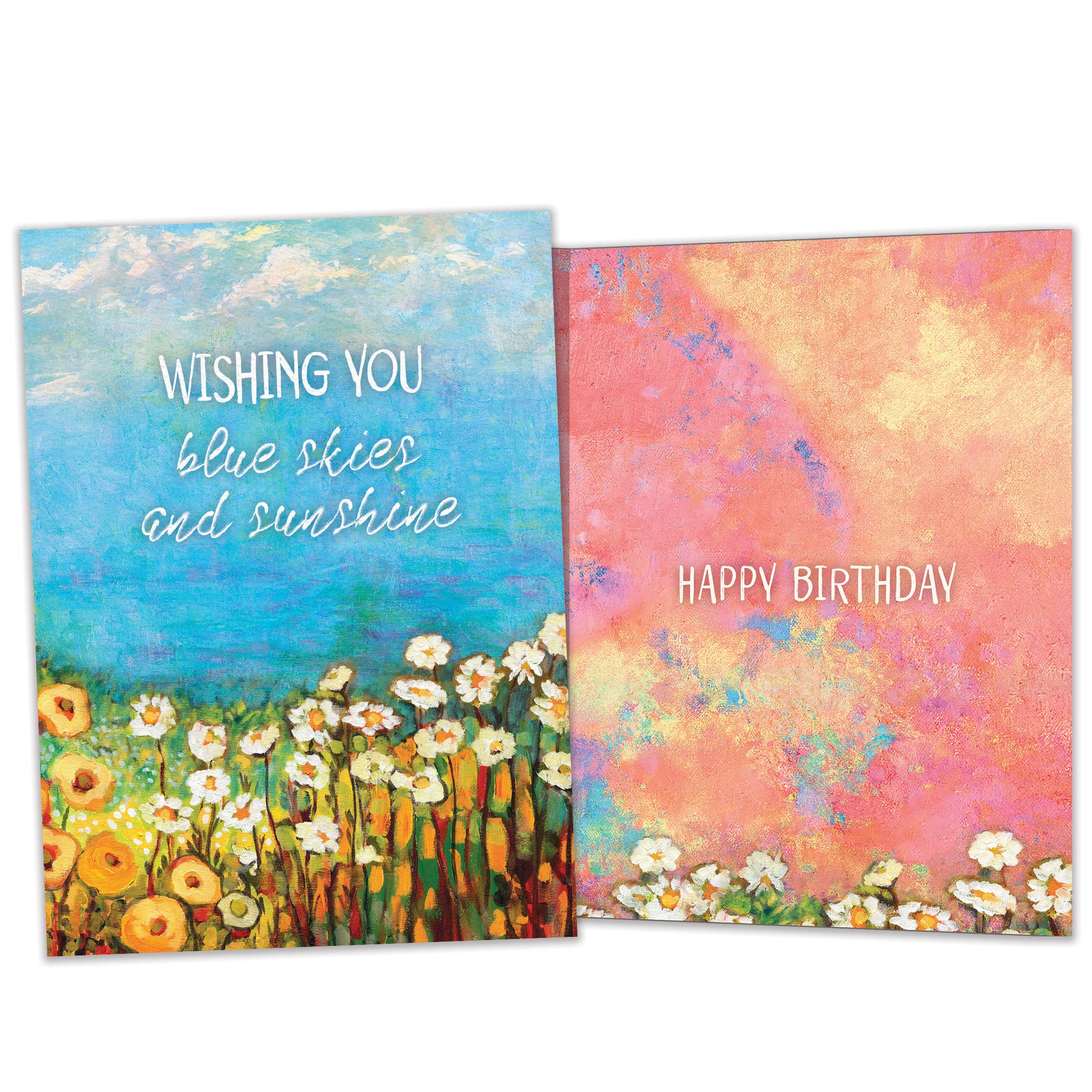 Front and inside view of a birthday greeting card featuring the message "wishing you blue skies and sunshine" with an illustration of blue skies and flowers, with matching design details inside.