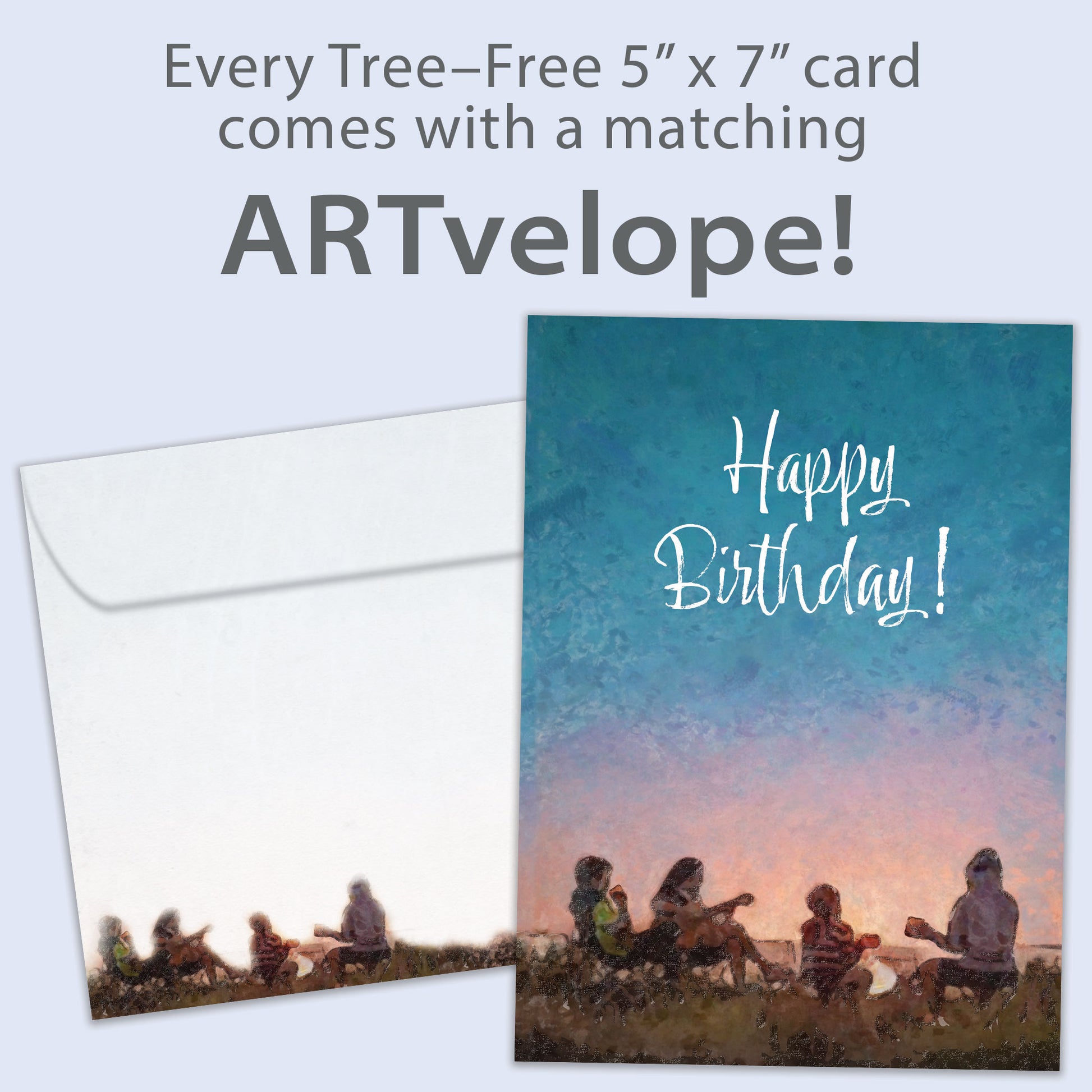 Front view of a birthday greeting card featuring an illustration of a family sitting and playing guitar around a campfire with the message "Happy Birthday!", with matching envelope artwork.