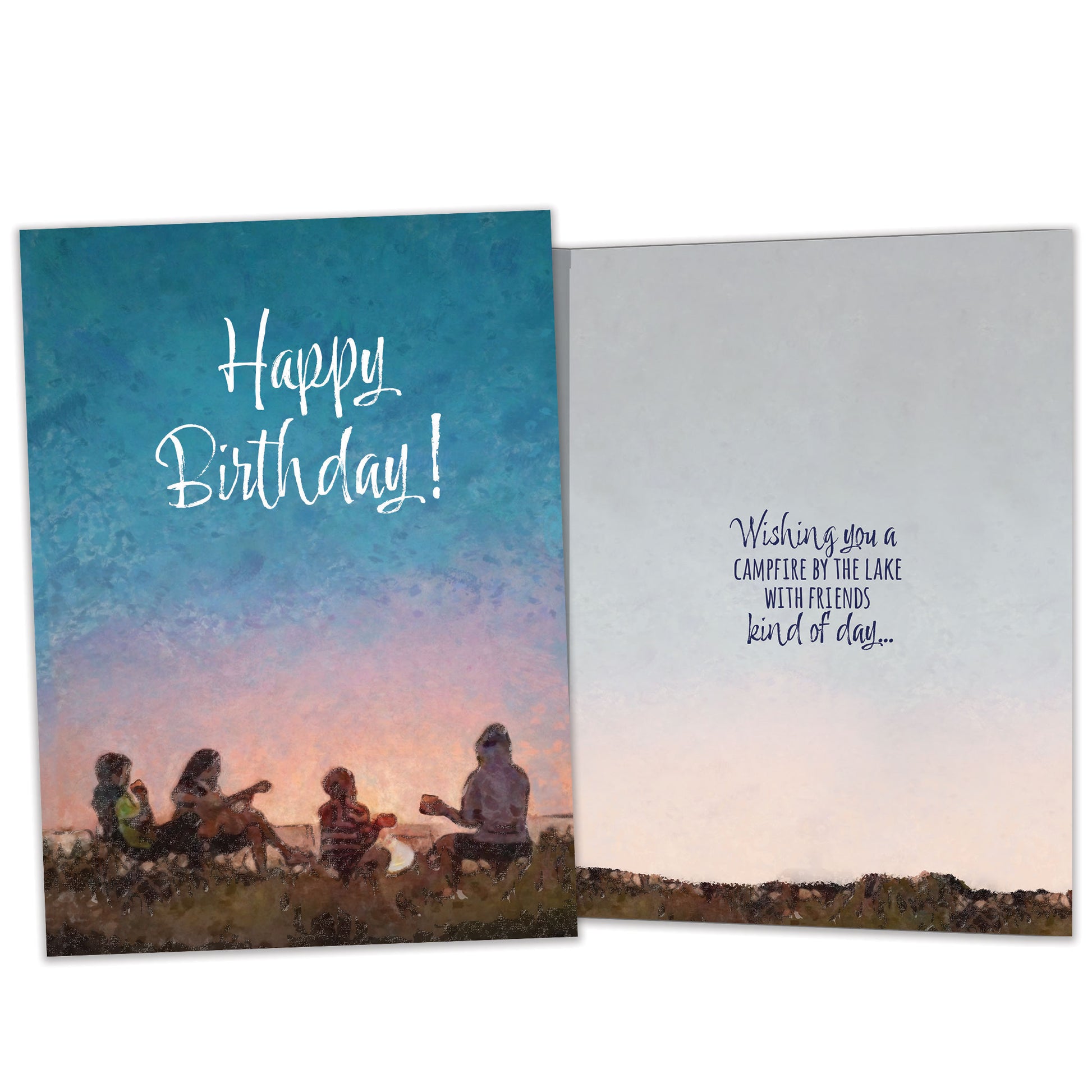 Front and inside view of a birthday greeting card featuring an illustration of a family sitting and playing guitar around a campfire with the message "Happy Birthday!", with matching design details inside.