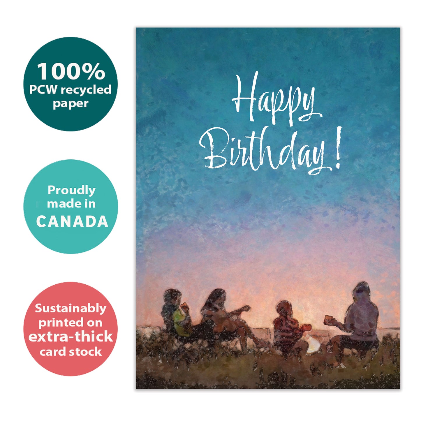 Front view of a birthday greeting card with an illustration of a family sitting and playing guitar around a campfire and the message "Happy Birthday!", highlighting its eco-friendly materials and made in Canada.