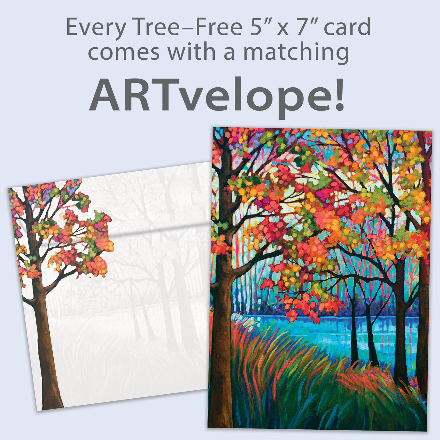 Front view of a birthday greeting card featuring a vibrant illustration of fall trees and a shimmering lake, with matching envelope artwork.