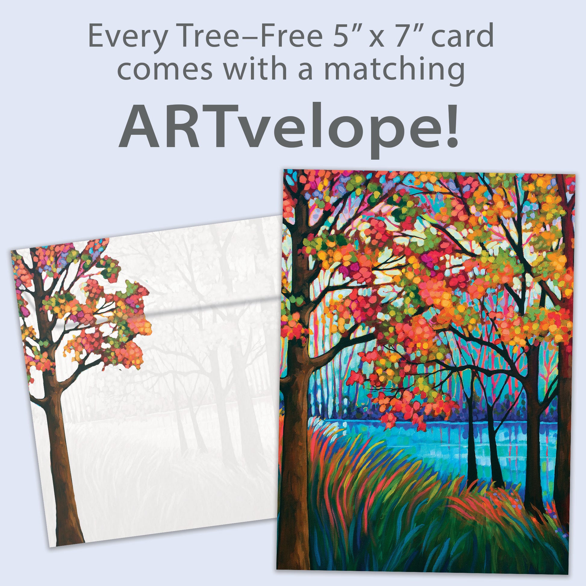 Front view of a birthday greeting card featuring a vibrant illustration of fall trees and a shimmering lake, with matching envelope artwork.