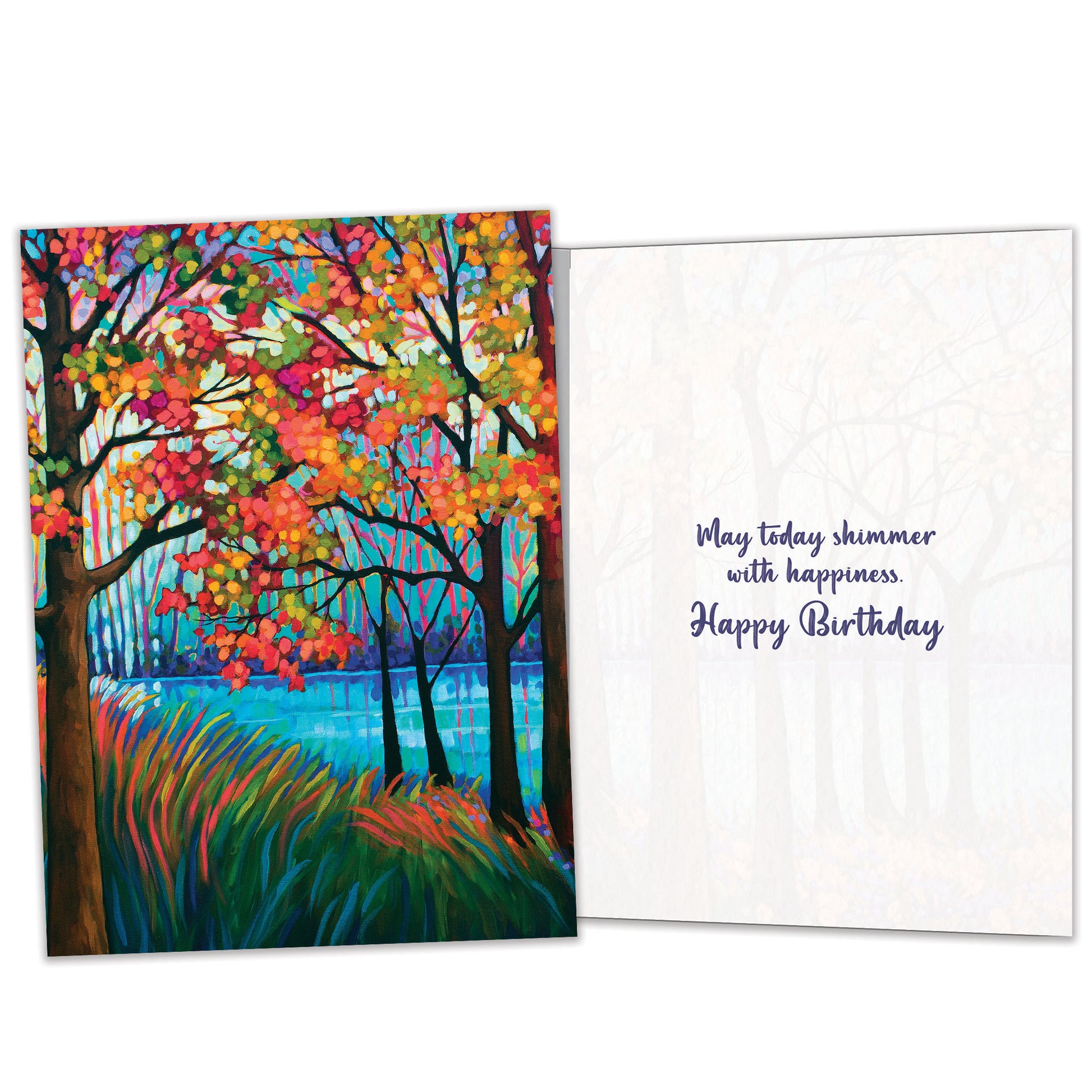 Front and inside view of a birthday greeting card featuring a vibrant illustration of fall trees and a shimmering lake, with matching design details inside.