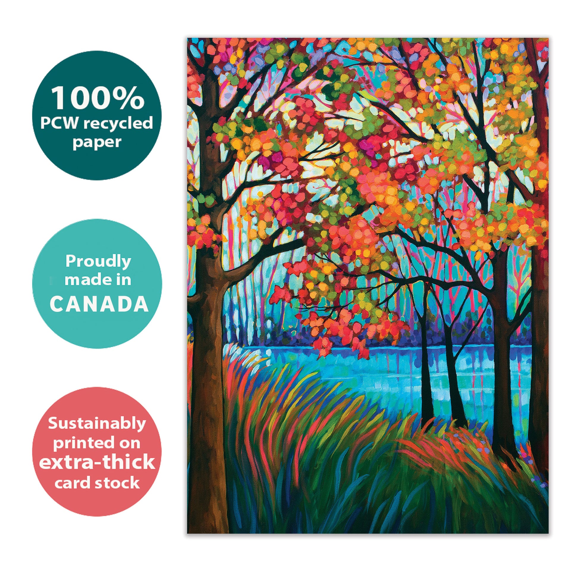 Front view of a birthday greeting card with a vibrant illustration of fall trees and a shimmering lake, highlighting its eco-friendly materials and made in Canada.