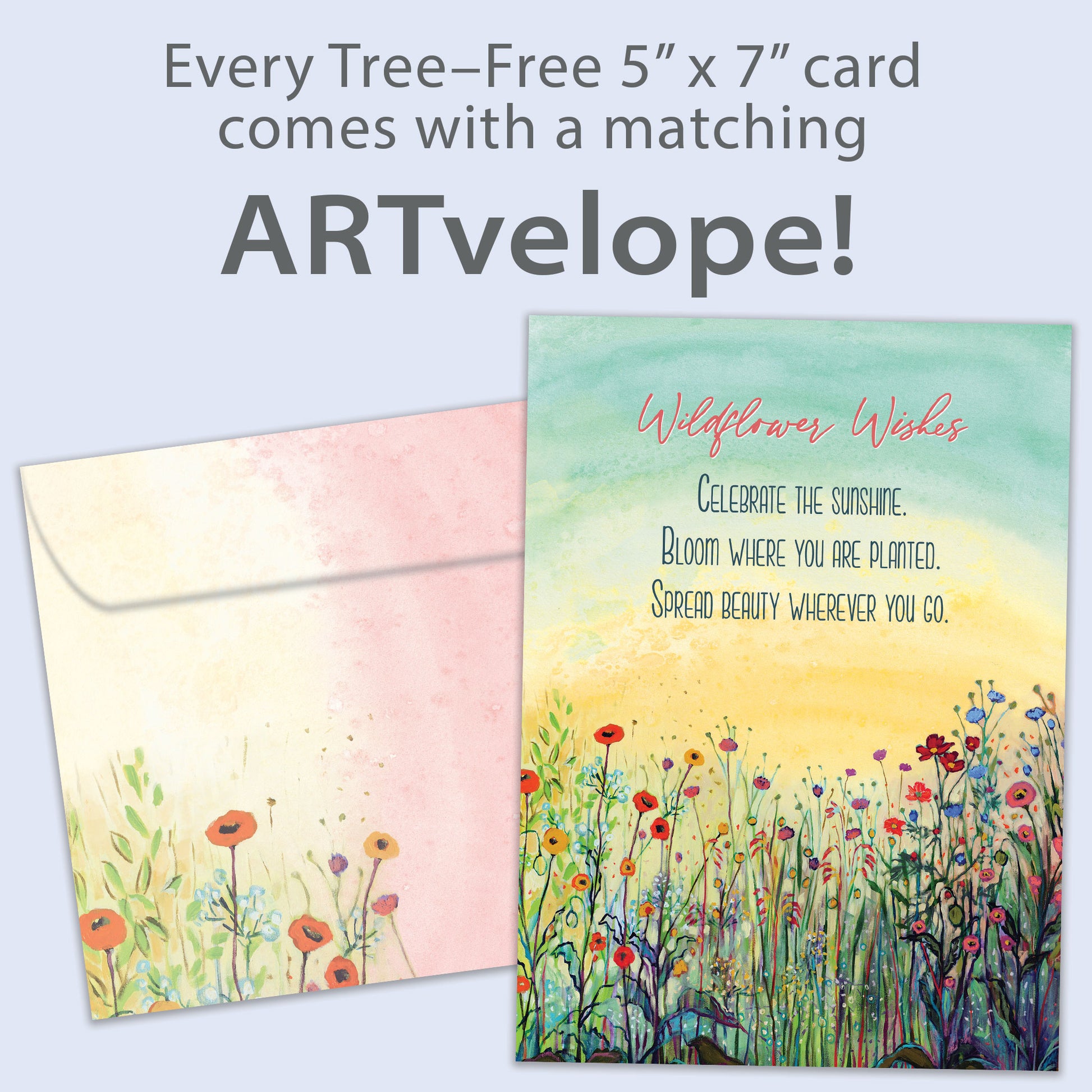 Front view of a birthday greeting card featuring a beautiful illustration of a flowery field on a soft pastel background, with matching envelope artwork.