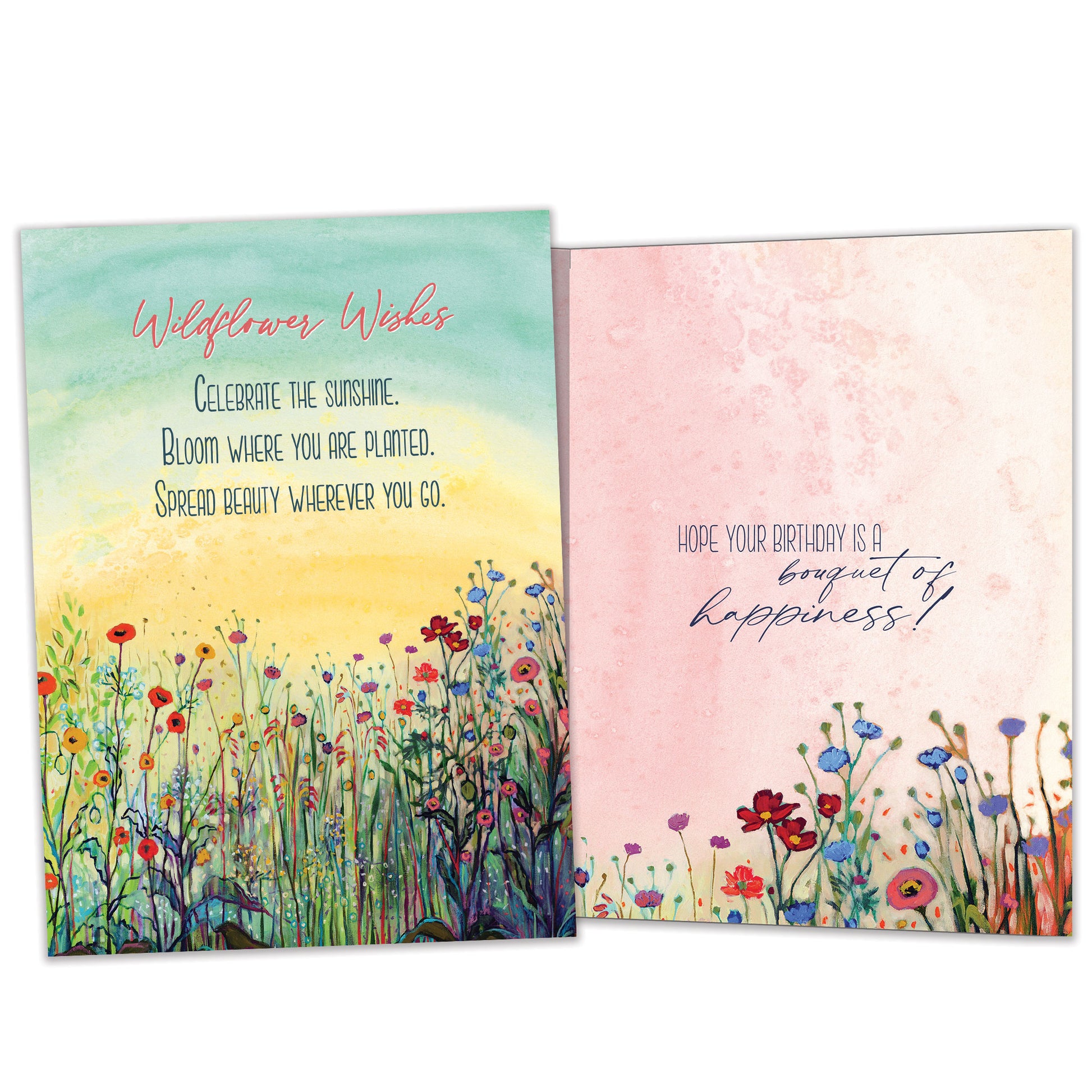 Front and inside view of a birthday greeting card featuring a beautiful illustration of a flowery field on a soft pastel background, with matching design details inside.