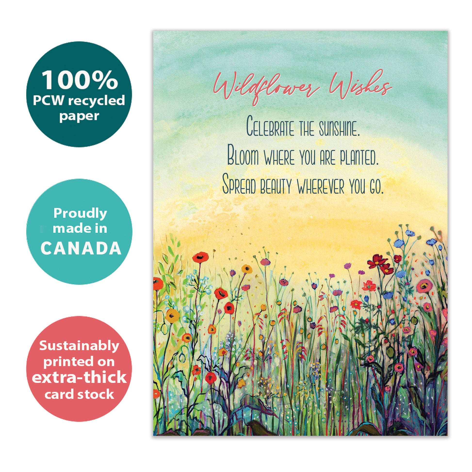 Front view of a birthday greeting card with a beautiful illustration of a flowery field on a soft pastel background, highlighting its eco-friendly materials and made in Canada.