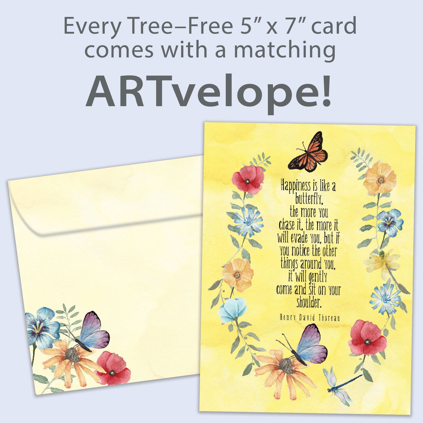 Front view of a birthday greeting card featuring a saying from Henry David Thoreau about happiness, surrounded by flowers and butterflies, with matching envelope artwork.