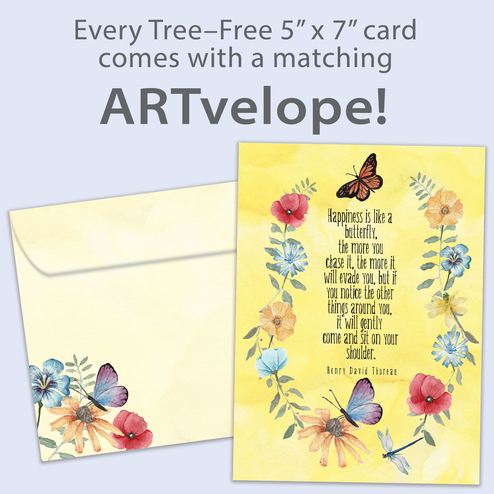 Front view of a birthday greeting card featuring a saying from Henry David Thoreau about happiness, surrounded by flowers and butterflies, with matching envelope artwork.