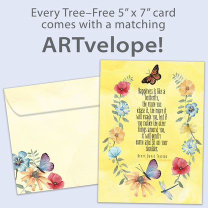 Front view of a birthday greeting card featuring a saying from Henry David Thoreau about happiness, surrounded by flowers and butterflies, with matching envelope artwork.
