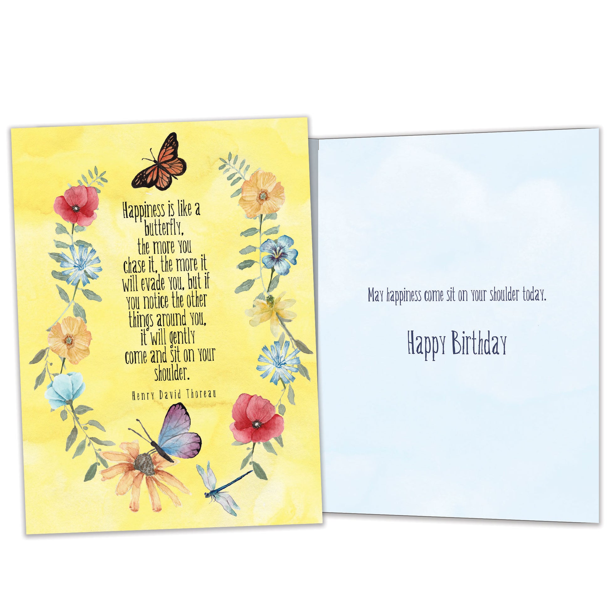 Front and inside view of a birthday greeting card featuring a saying from Henry David Thoreau about happiness, surrounded by flowers and butterflies, with matching design details inside.