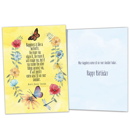 Front and inside view of a birthday greeting card featuring a saying from Henry David Thoreau about happiness, surrounded by flowers and butterflies, with matching design details inside.