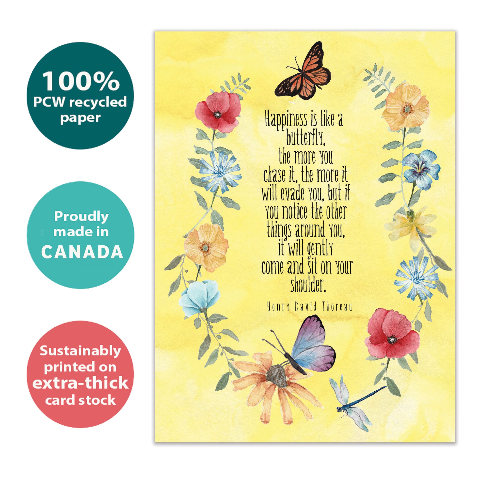 Front view of a birthday greeting card with a saying from Henry David Thoreau about happiness, surrounded by flowers and butterflies, highlighting its eco-friendly materials and made in Canada.
