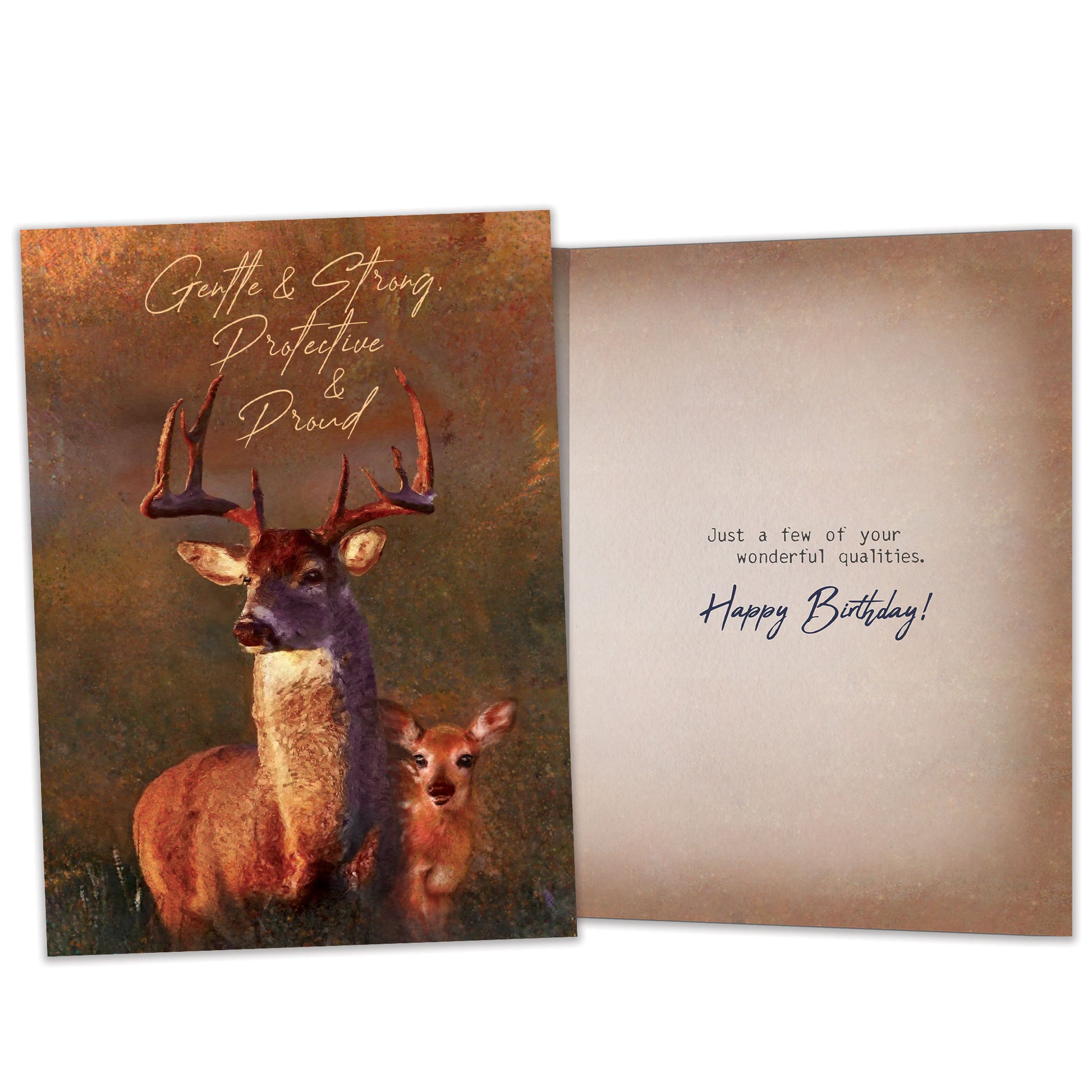 Front and inside view of a birthday greeting card featuring an illustration of a buck and fawn with the message "Gentle & strong, protective & proud", with matching design details inside.